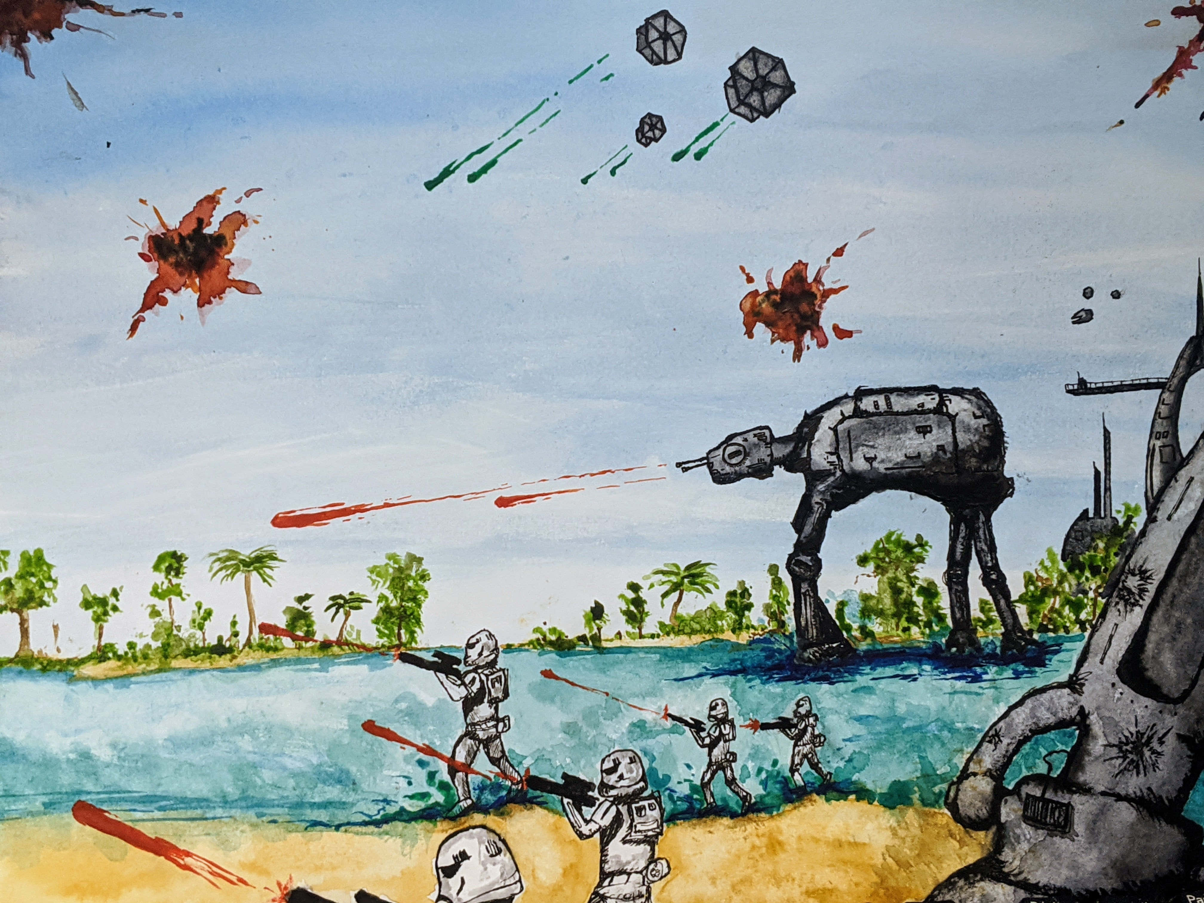 The Battle Of Scarif 桌布 壁紙 — 星際大戰戰鬥場景，AT-AT步行機和風暴兵在多雲天空下的熱帶海灘上發射爆能槍。