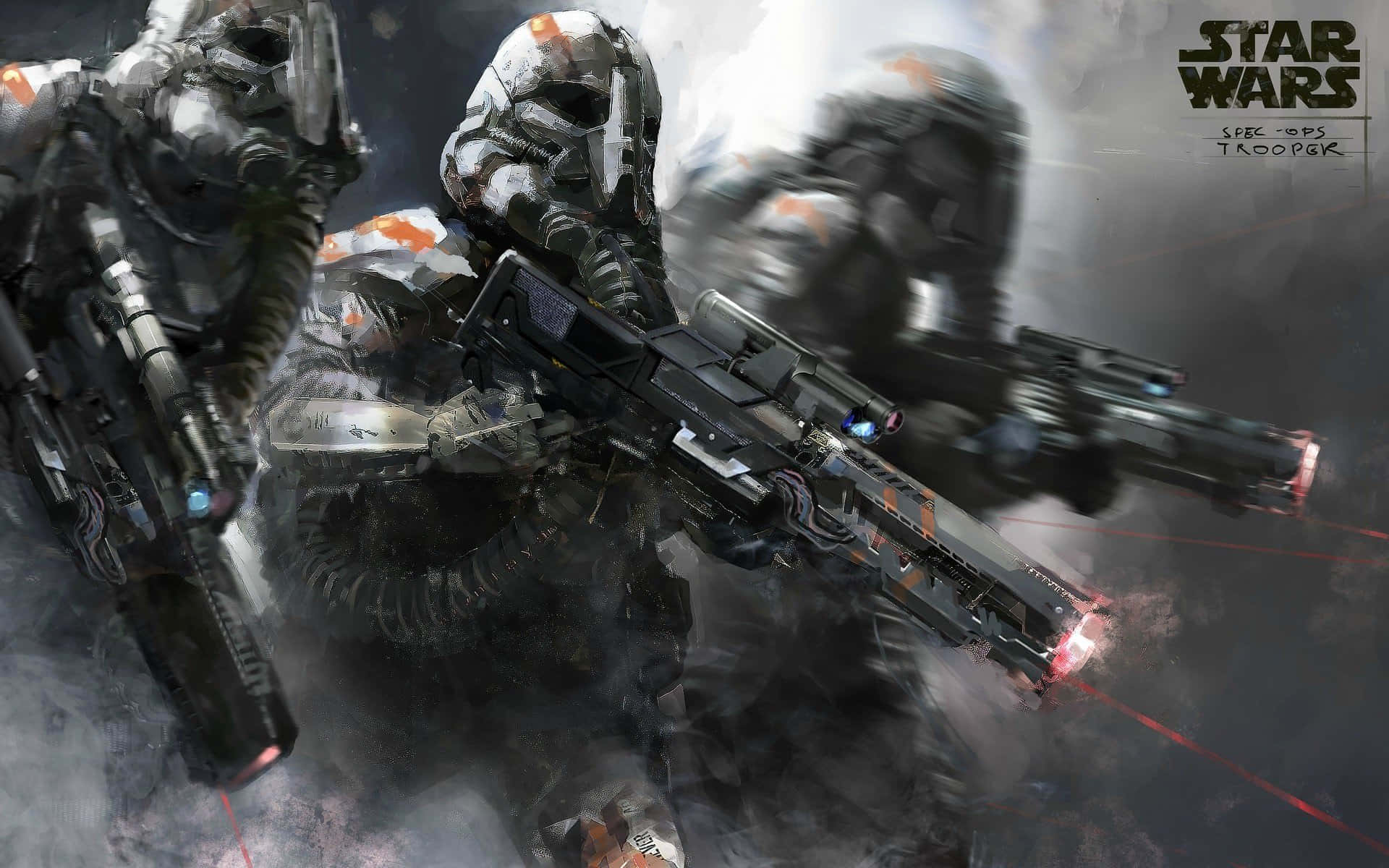 Imperial Army 桌布 壁紙 — 星際大戰特種部隊士兵身穿未來裝甲，在煙霧瀰漫的戰場上發射爆能槍。
