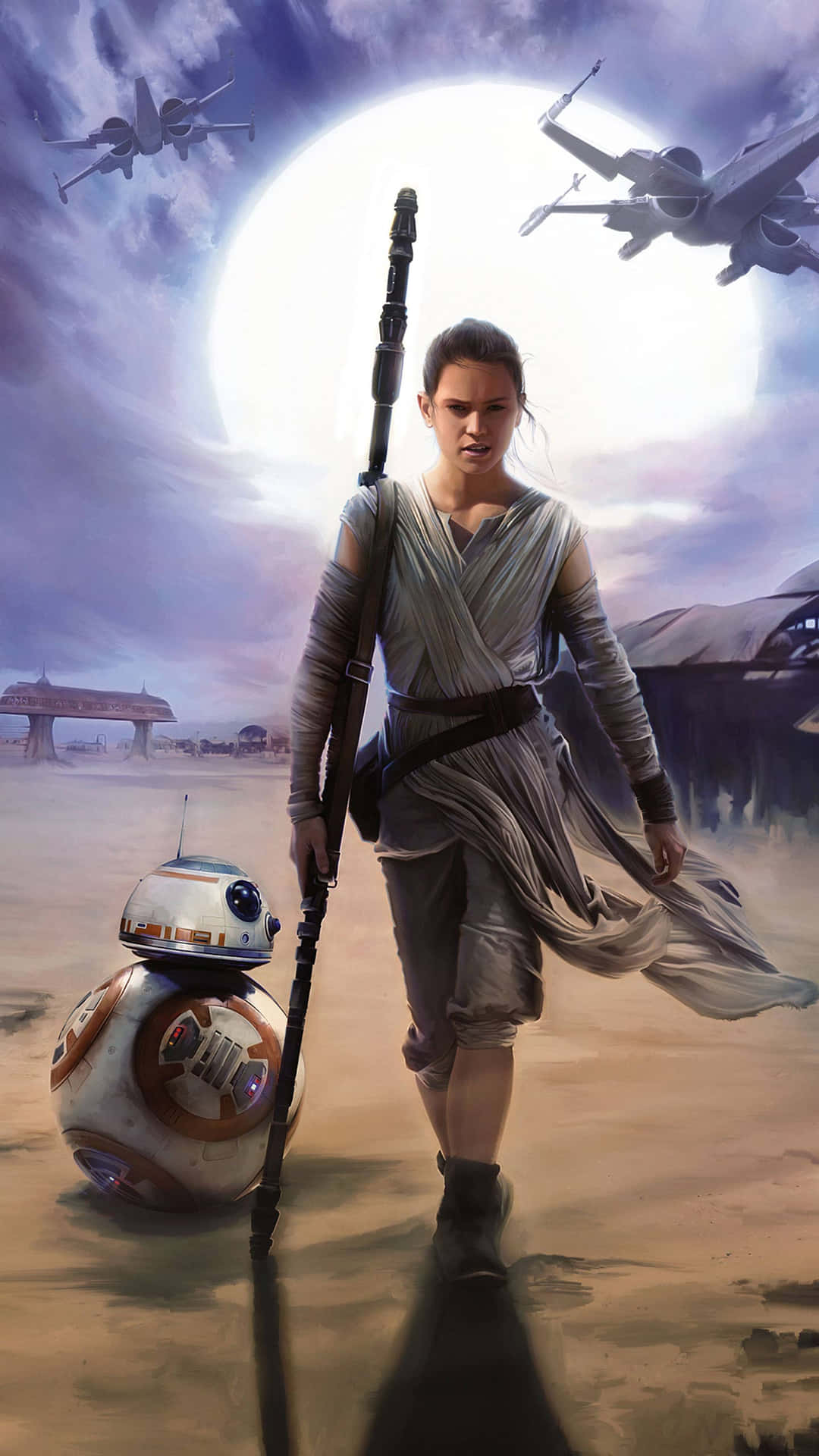 Rey 和 BB8 在一個大月亮下的沙漠中行走，X-wing 在頭頂飛過。