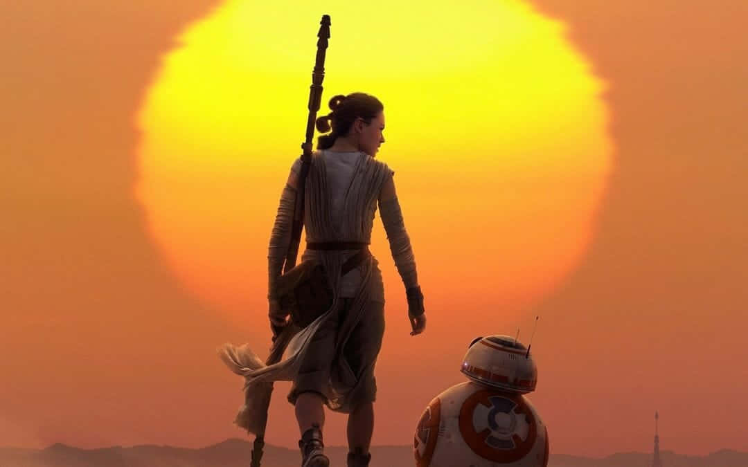 Rey 同 BB-8 喺日落時分喺沙漠中行走