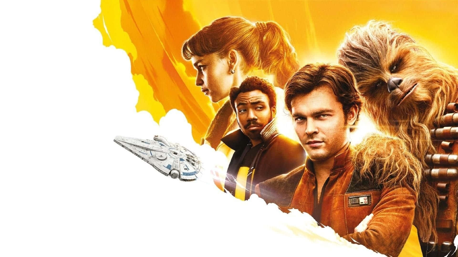 Solo A Star Wars Story 桌布 壁紙 — 星際大戰角色，包括丘巴卡和千年鷹號，在燦爛的金色背景上翱翔。