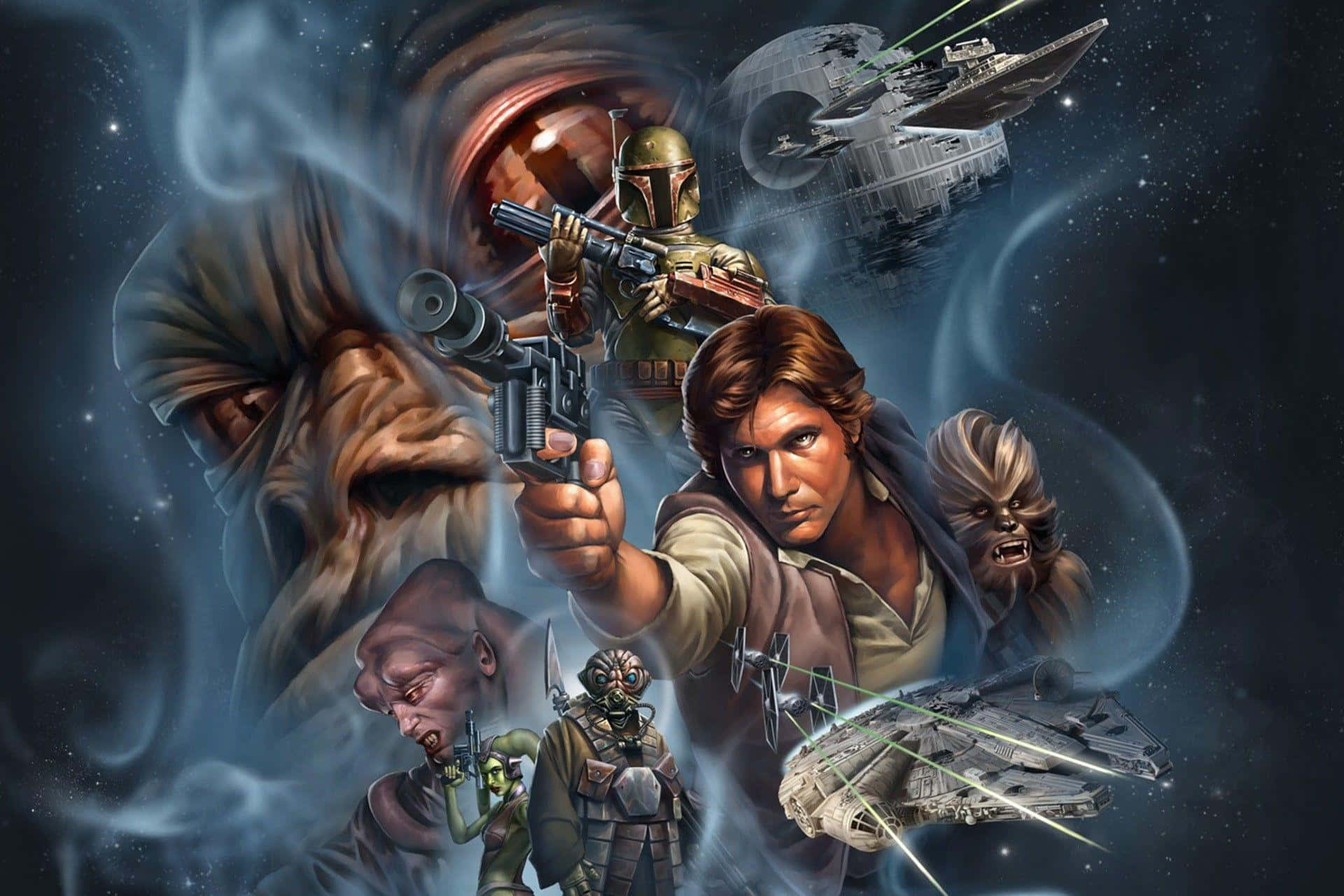 Solo A Star Wars Story 桌布 壁紙 — 星際大戰角色包括Han Solo和Chewbacca，在動態太空戰鬥中與星艦和死星對戰。