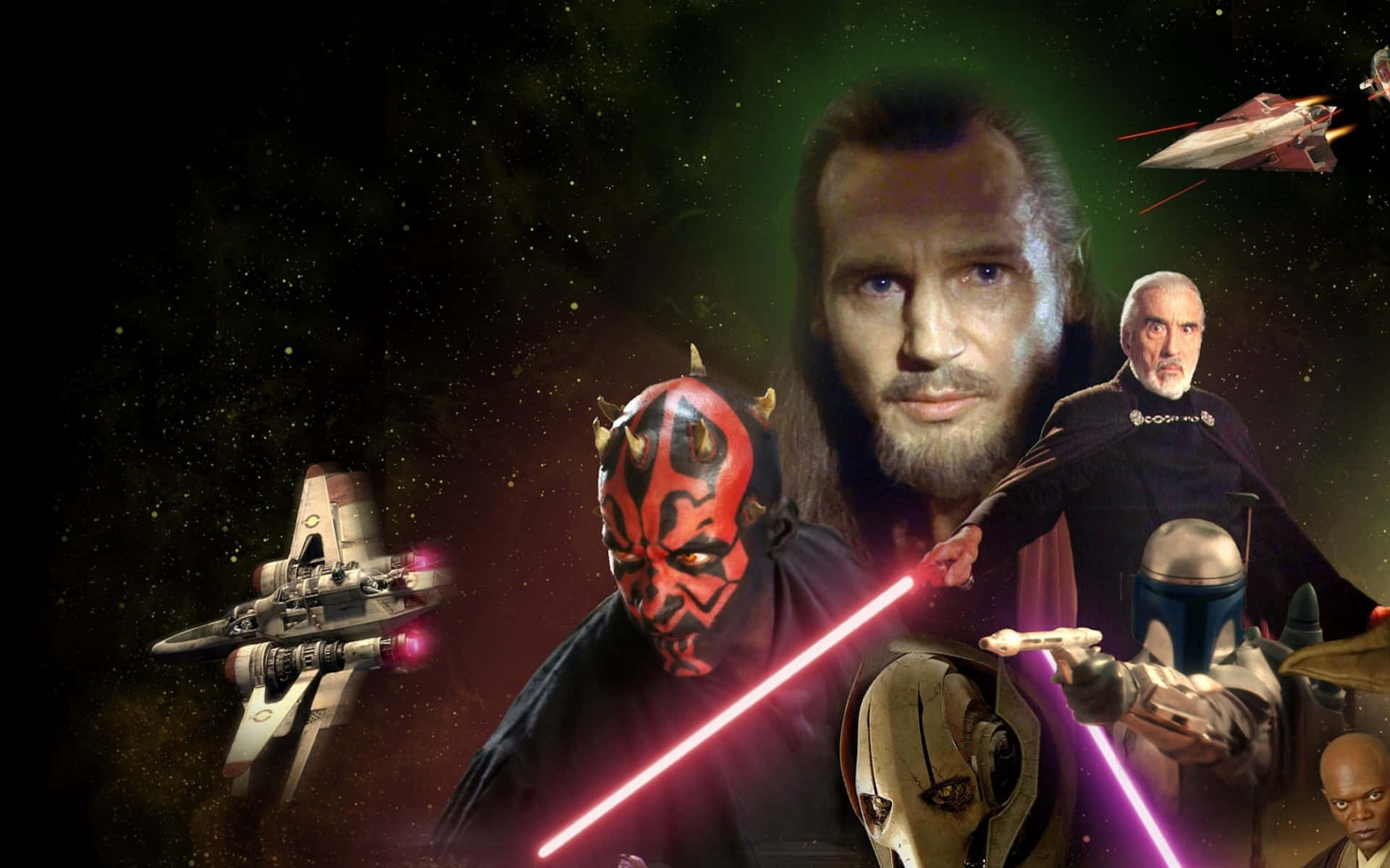 Qui-gon Jinn 桌布 壁紙 — 星際大戰角色包括摩爾和維達，以及宇宙背景中的星艦。