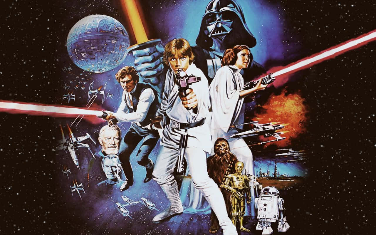 A New Hope 桌布 壁紙 — 星際大戰角色在宇宙背景下使用激光劍和星艦進行太空戰鬥。