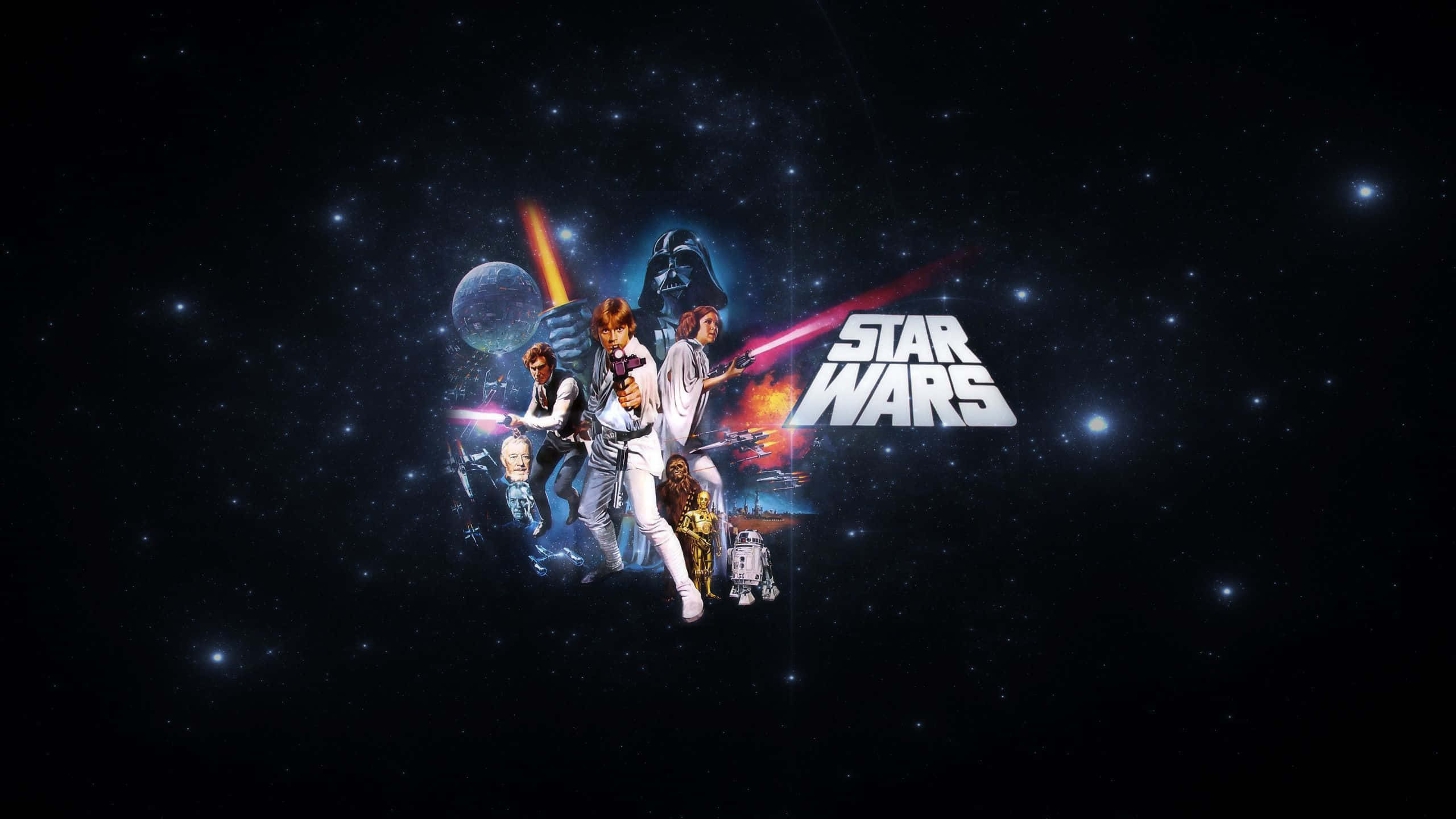 A New Hope 桌布 壁紙 — 星際大戰角色手持光劍，站在繁星點點的太空背景前，標誌性標誌閃耀明亮。