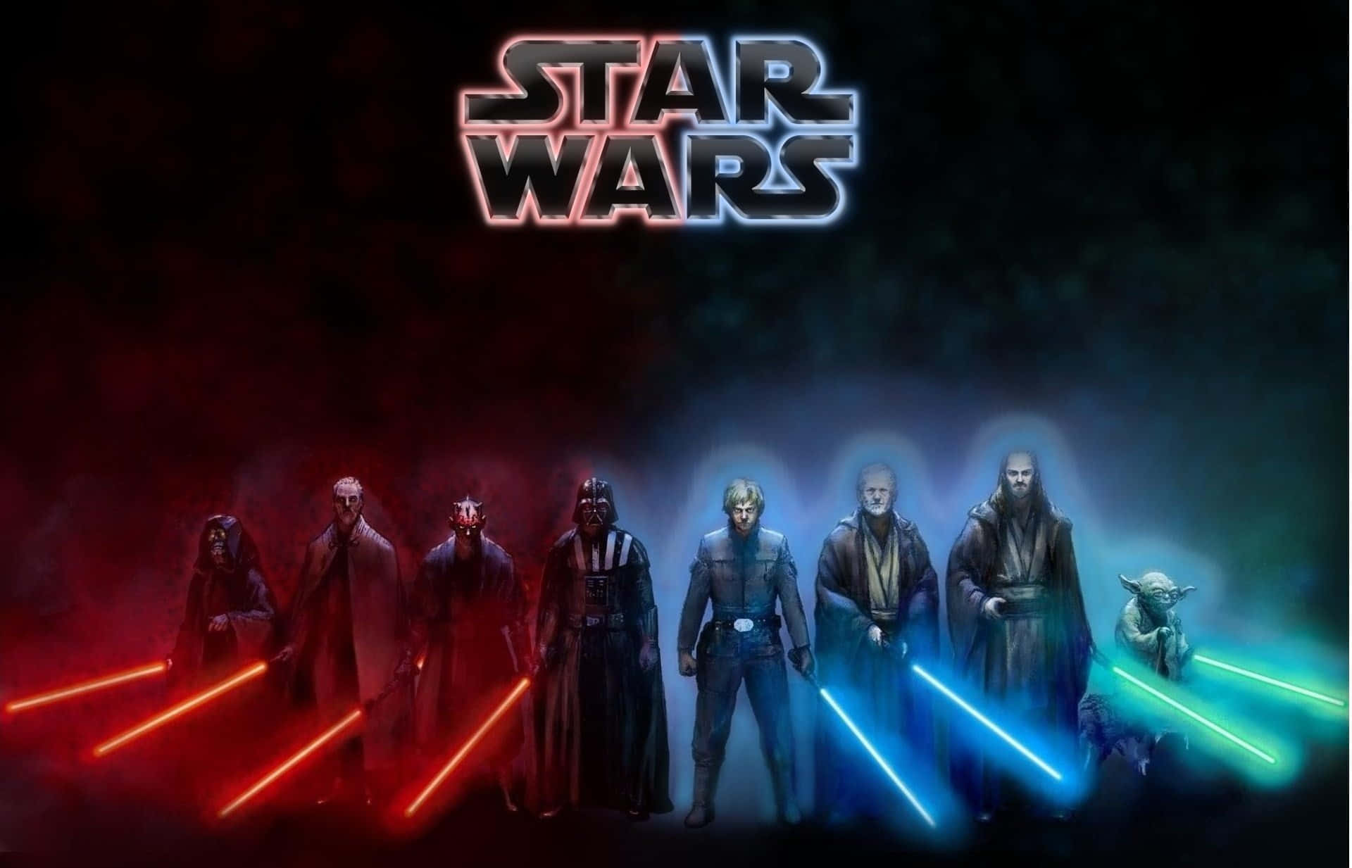 Jedi Council 桌布 壁紙 — 星際大戰角色站成兩排，手持紅色和藍色光劍，背景黑暗煙霧繚繞，帶有發光標誌。
