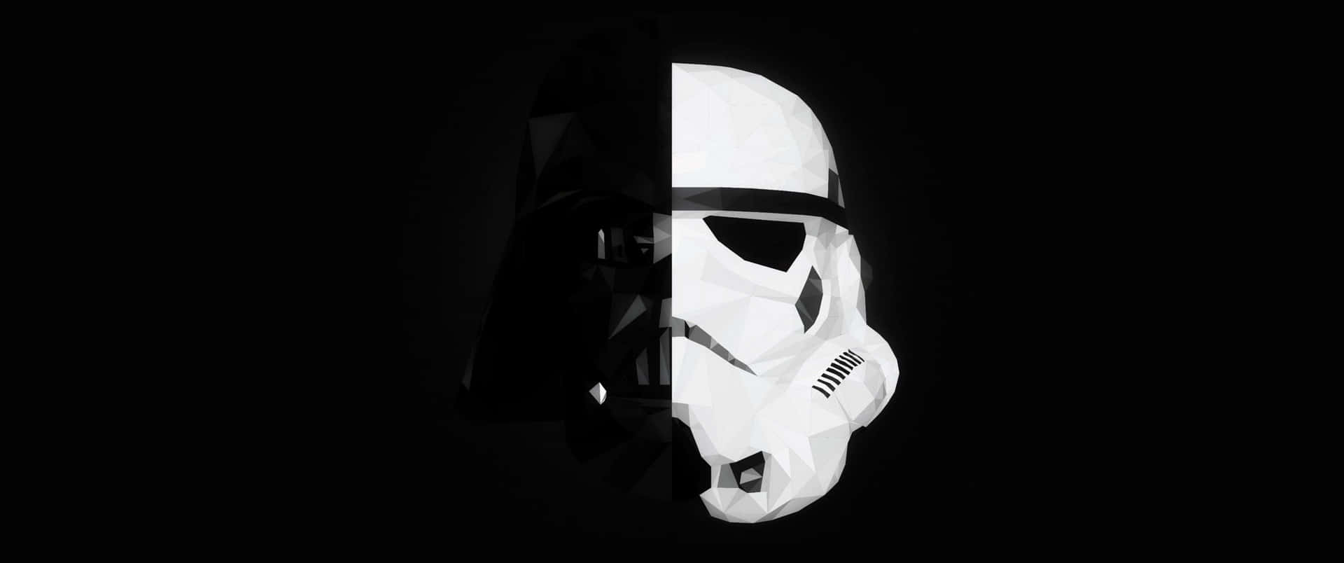 低多邊形黑武士和風暴兵頭盔在黑色背景上並排分開。 — 星際大戰 壁紙