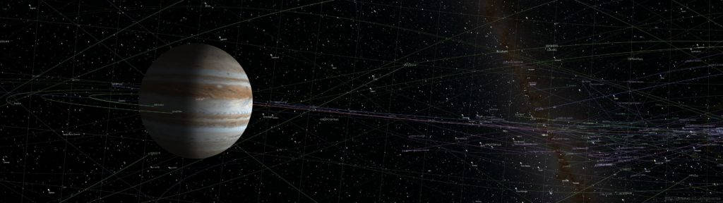 星際大戰雙螢幕宇宙 壁紙 — 木星在一個被發光宇宙纖維和暗淡星雲穿透的星場中顯得巨大。