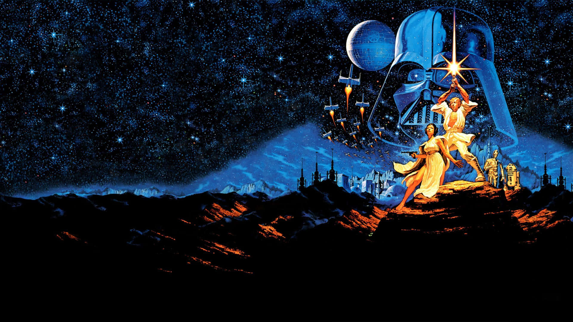 星際大戰風格美學筆電圖 壁紙 — 一個戲劇性的太空歌劇場景，Luke 和 Leia 在繁星點點的夜空下，挑釁地站在巨大的 Darth Vader 頭盔前。