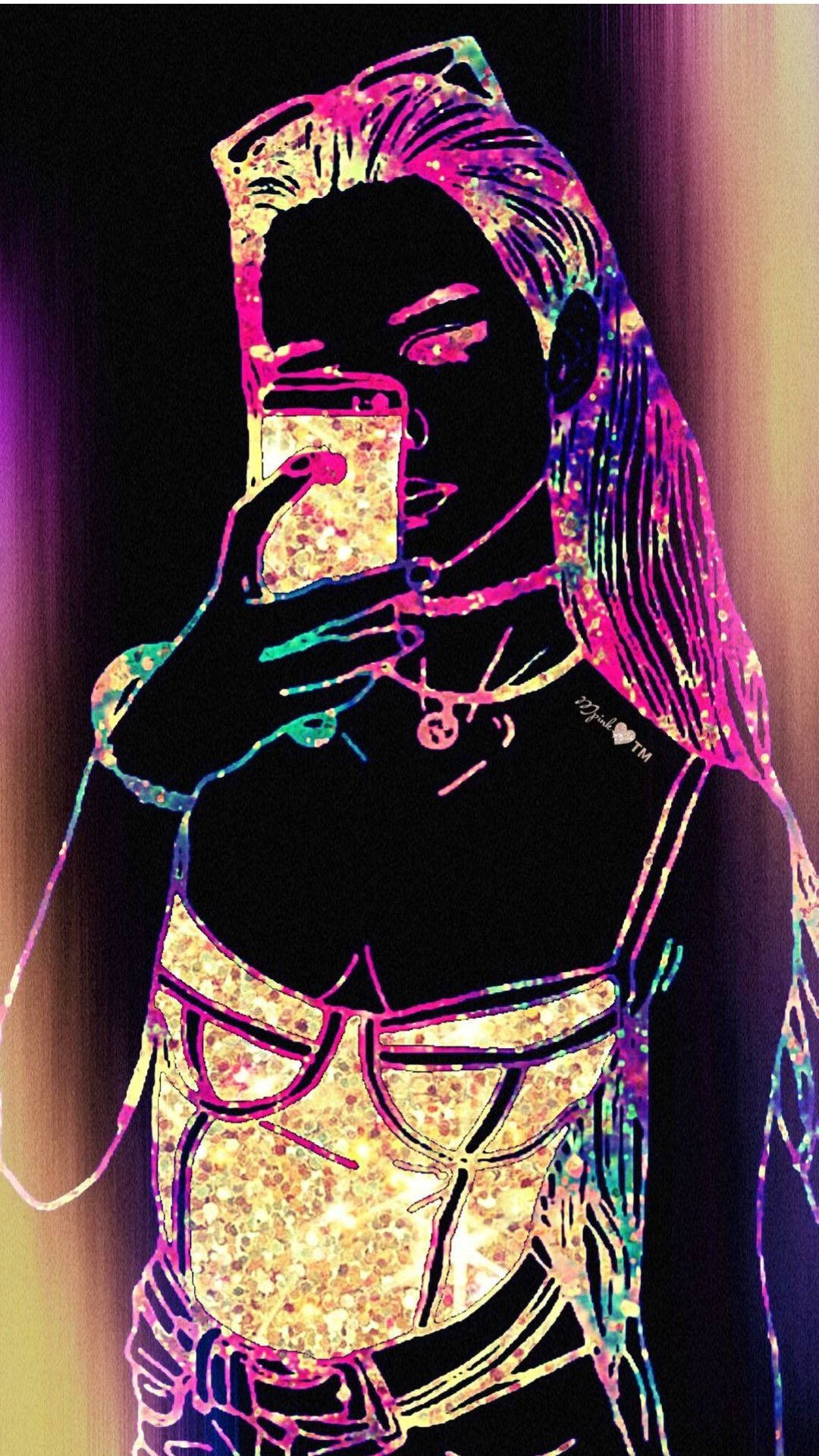 一個穿著閃亮服裝的人在霓虹燈下用手機自拍。 — 可愛星系 壁紙