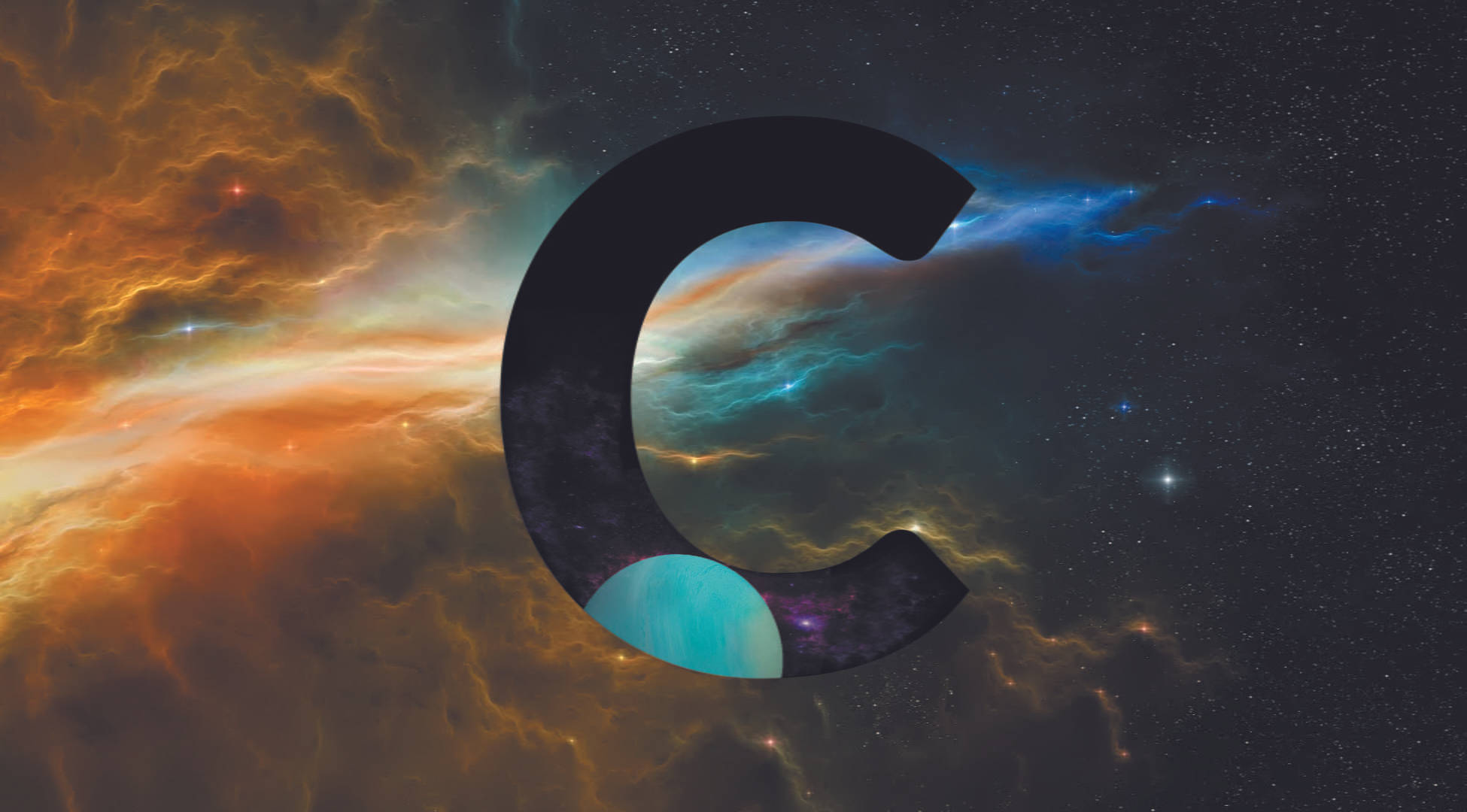 星際字母C 壁紙 — 一個粗體黑色字母C框住一個宇宙星雲，其中有旋轉的橙色、藍色和藍綠色雲彩，背景是繁星點點的夜空。
