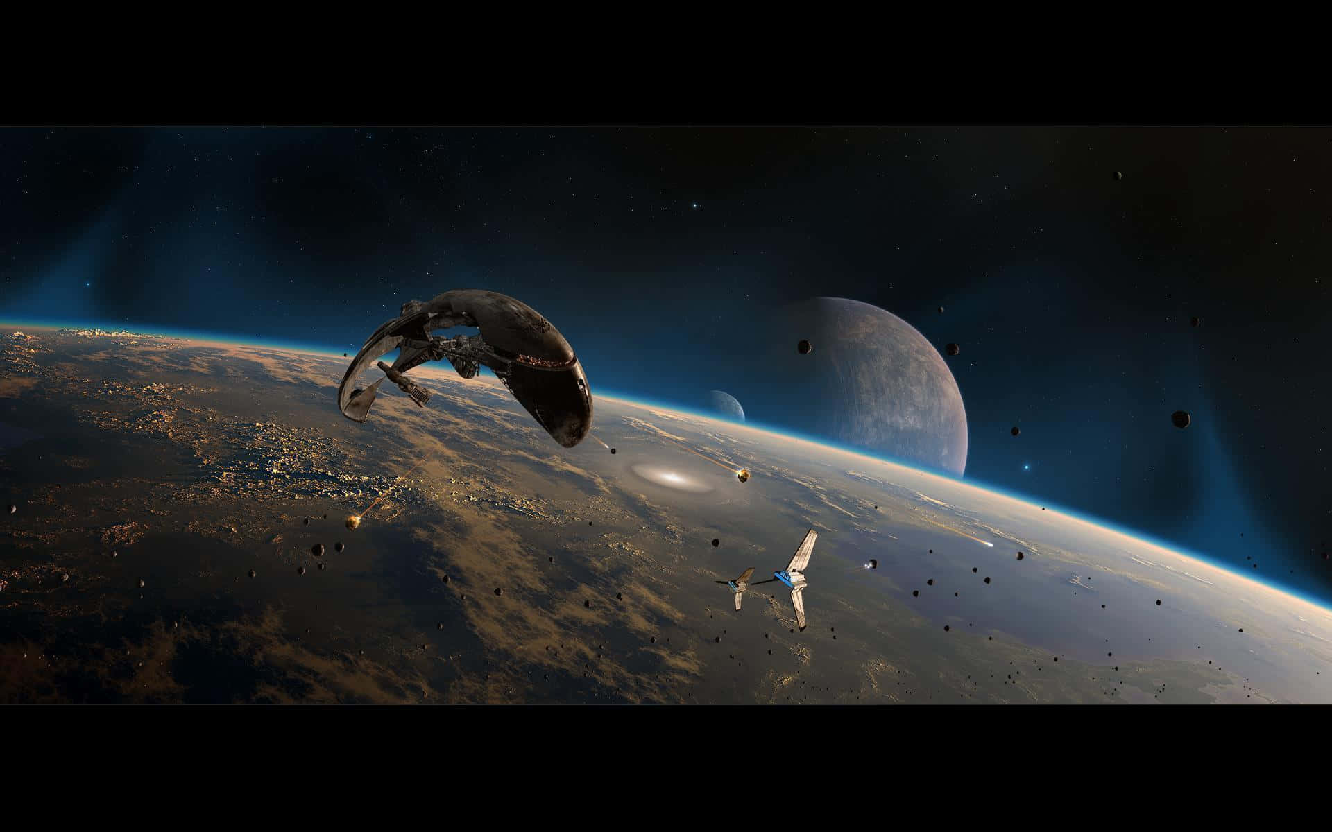 星際宇宙中的宏大戰役 壁紙 — 一艘太空船飛過一顆發光的行星，遠處有月亮，星空下。