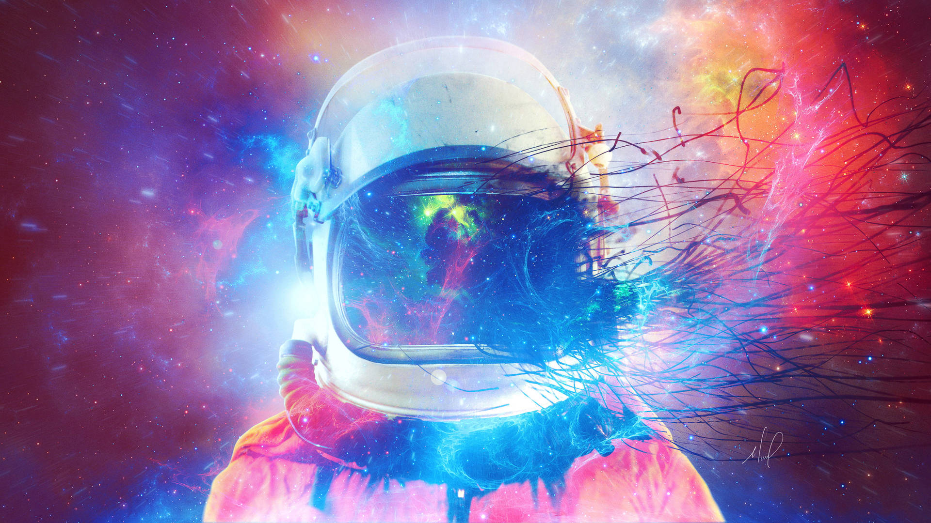 太空人頭盔反射宇宙星雲，電能觸手向外迸發。
