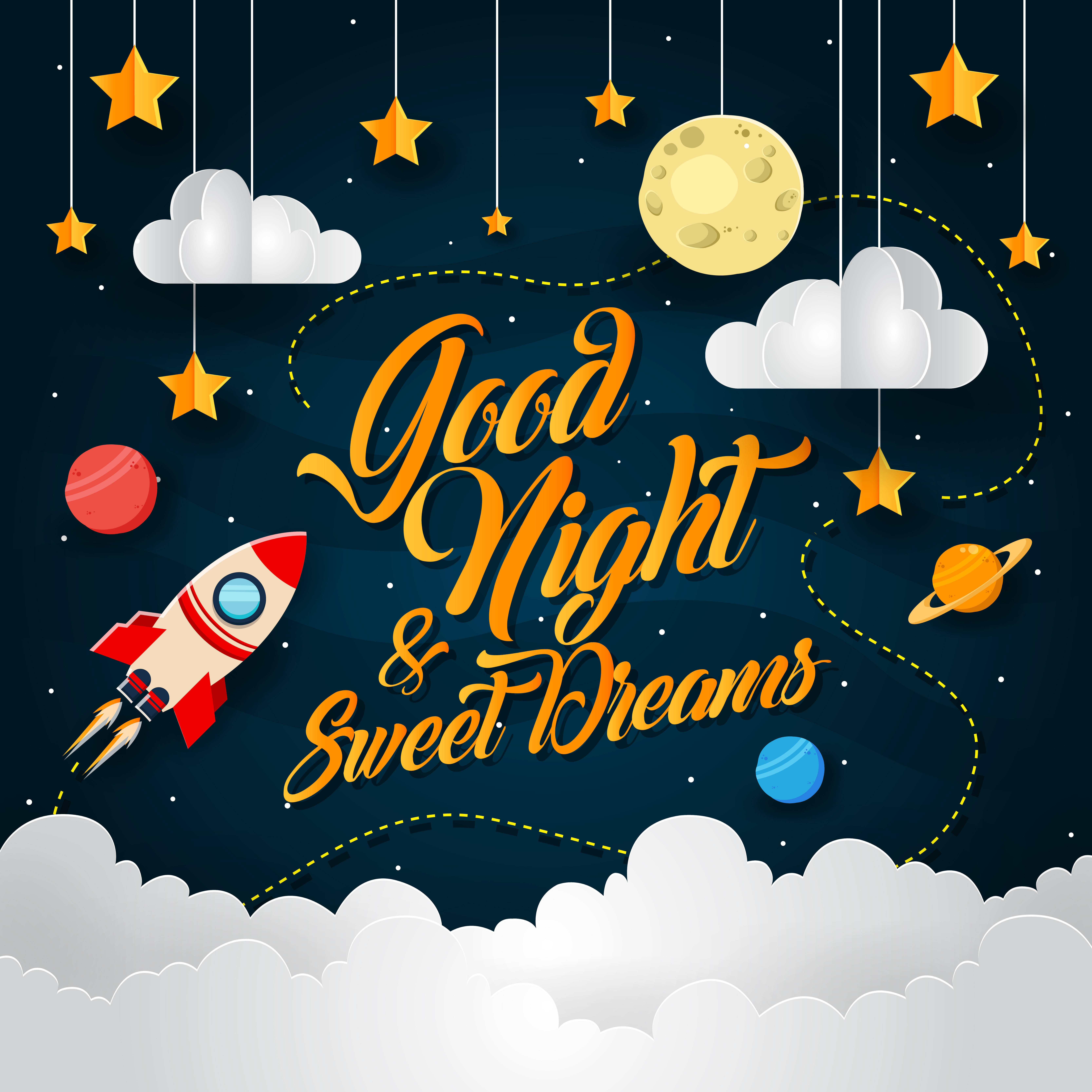 星際安眠 壁紙 — 一個夢幻的剪紙風格夜空，有火箭飛過懸掛的星星、行星和雲朵，下方是一彎新月。