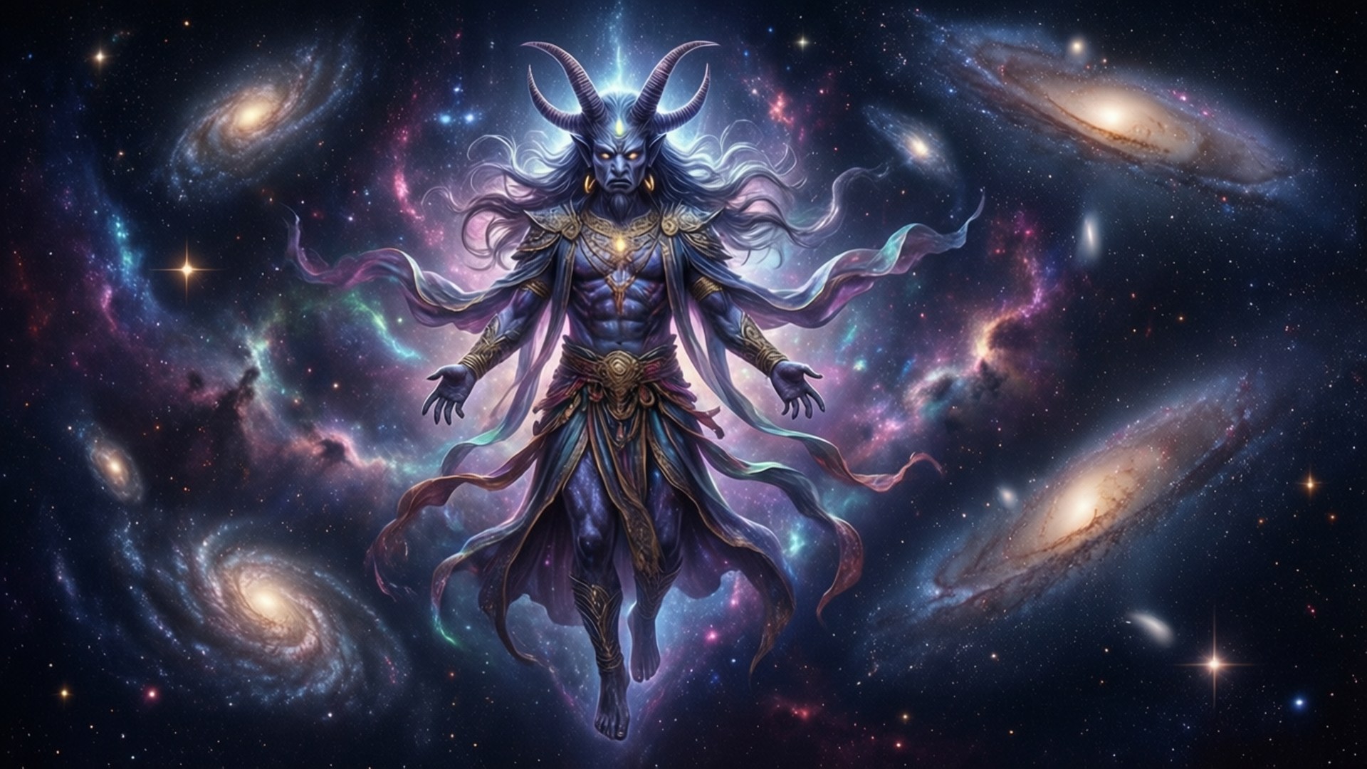 擁有角與飄逸長袍的宇宙神祇，漂浮在星系與星辰之間。