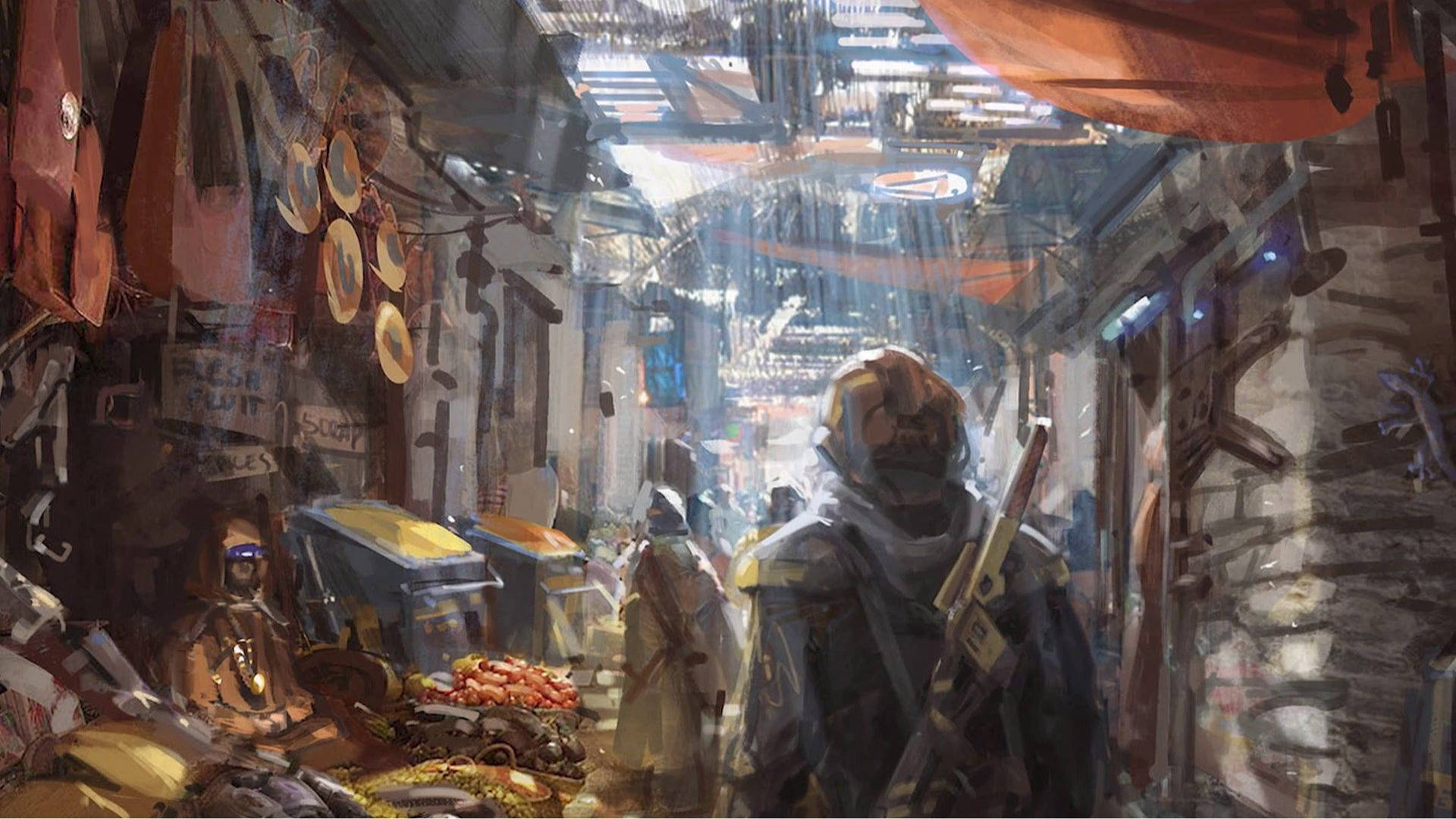 星際市場 壁紙 — 一個孤獨的裝甲人物走過一個熙熙攘攘的外星市場，市場上掛滿了商品，溫暖的金色光線透過樹冠灑落下來。