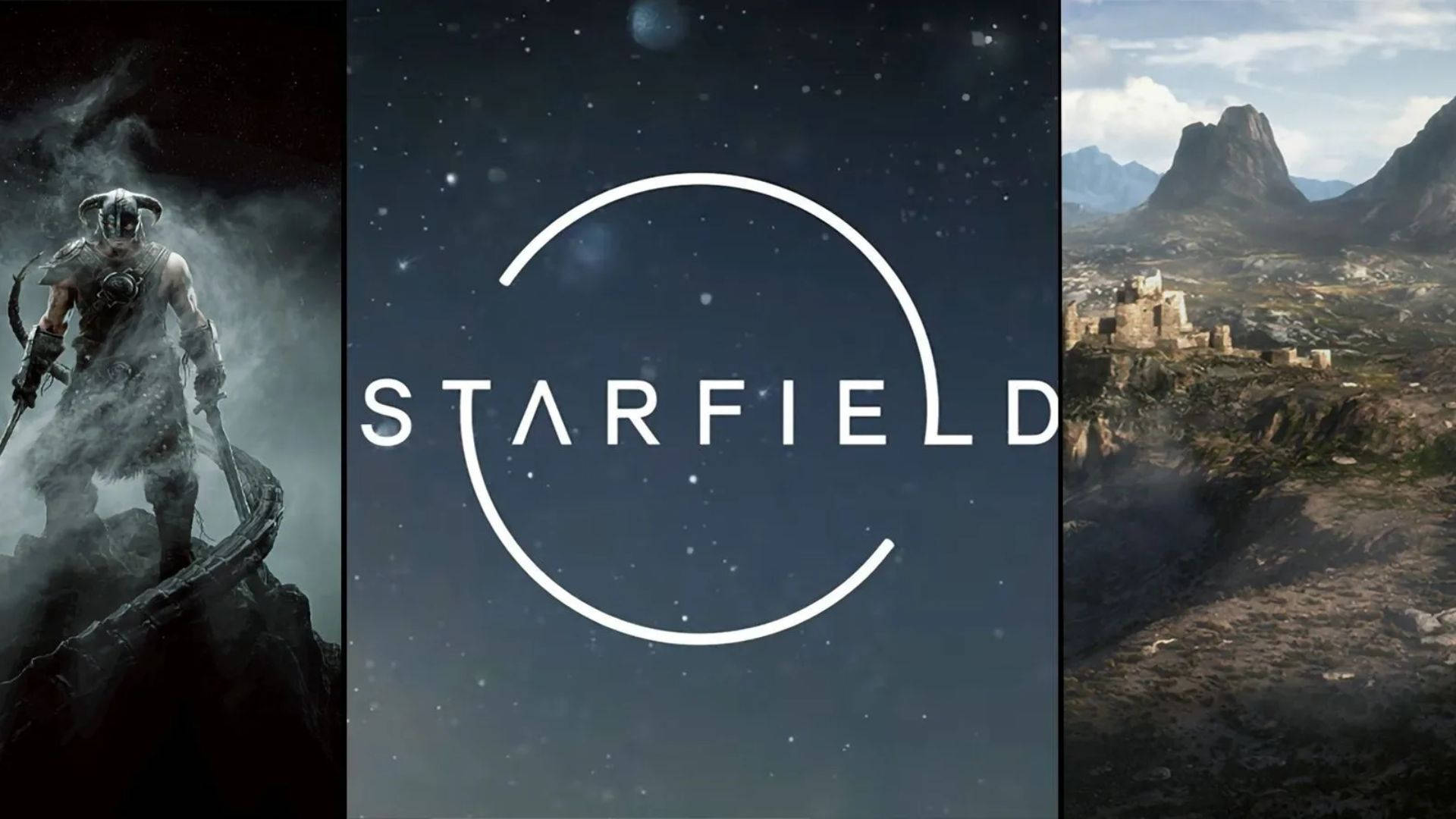 星際戰士與文明 壁紙 — 一幅Starfield宣傳藝術的三聯畫，展示太空探險家、宇宙標誌和山頂堡壘。