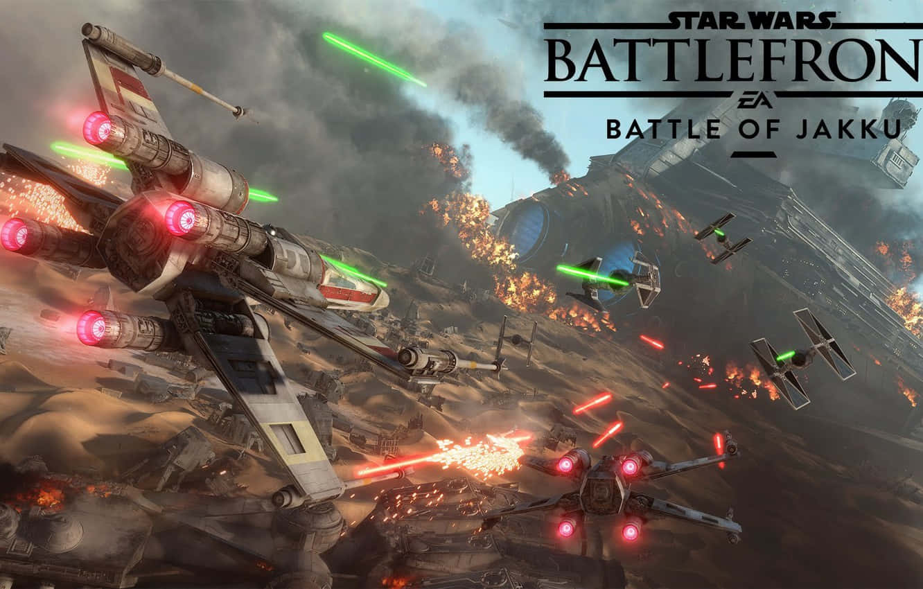 Jakku 桌布 壁紙 — 星際戰機在沙漠星球上空激烈交戰，爆炸四起，激光束穿過煙霧和火焰。
