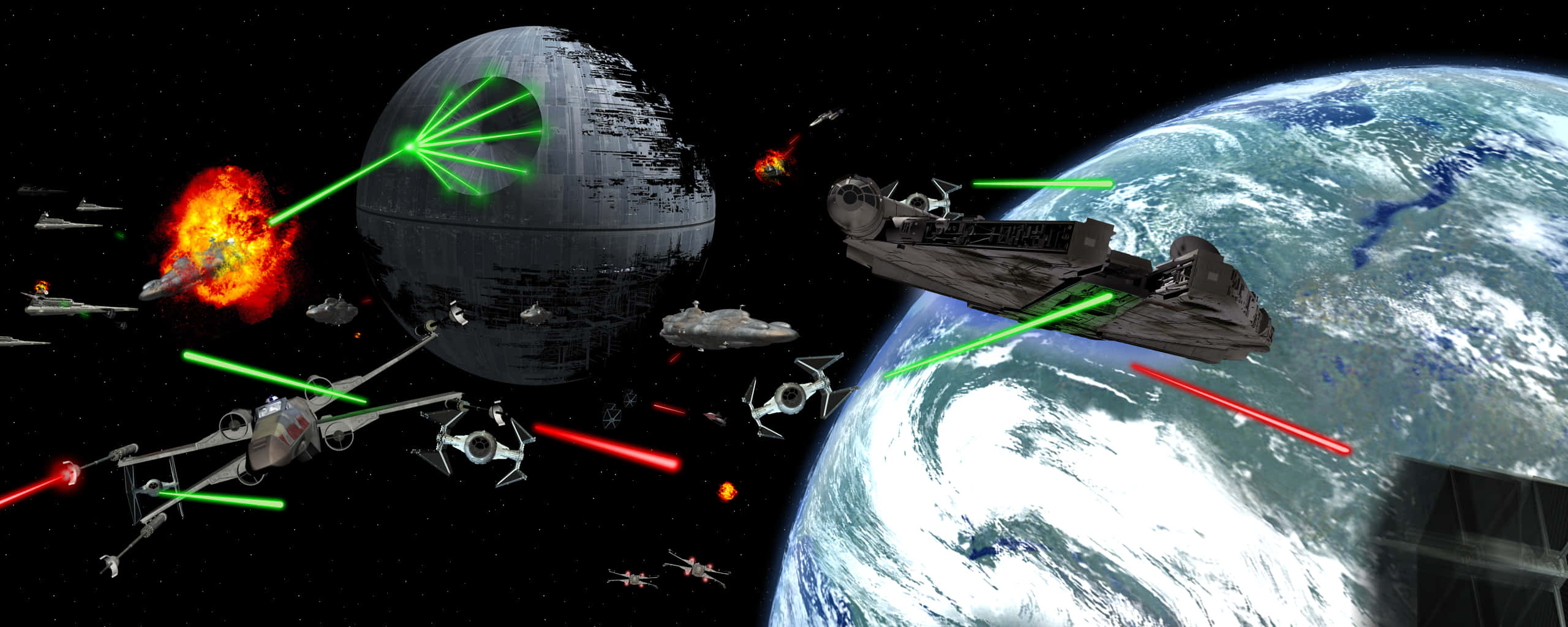The Battle Of Endor 桌布 壁紙 — 星際戰機在行星附近戰鬥，死星在太空中發射綠色激光。