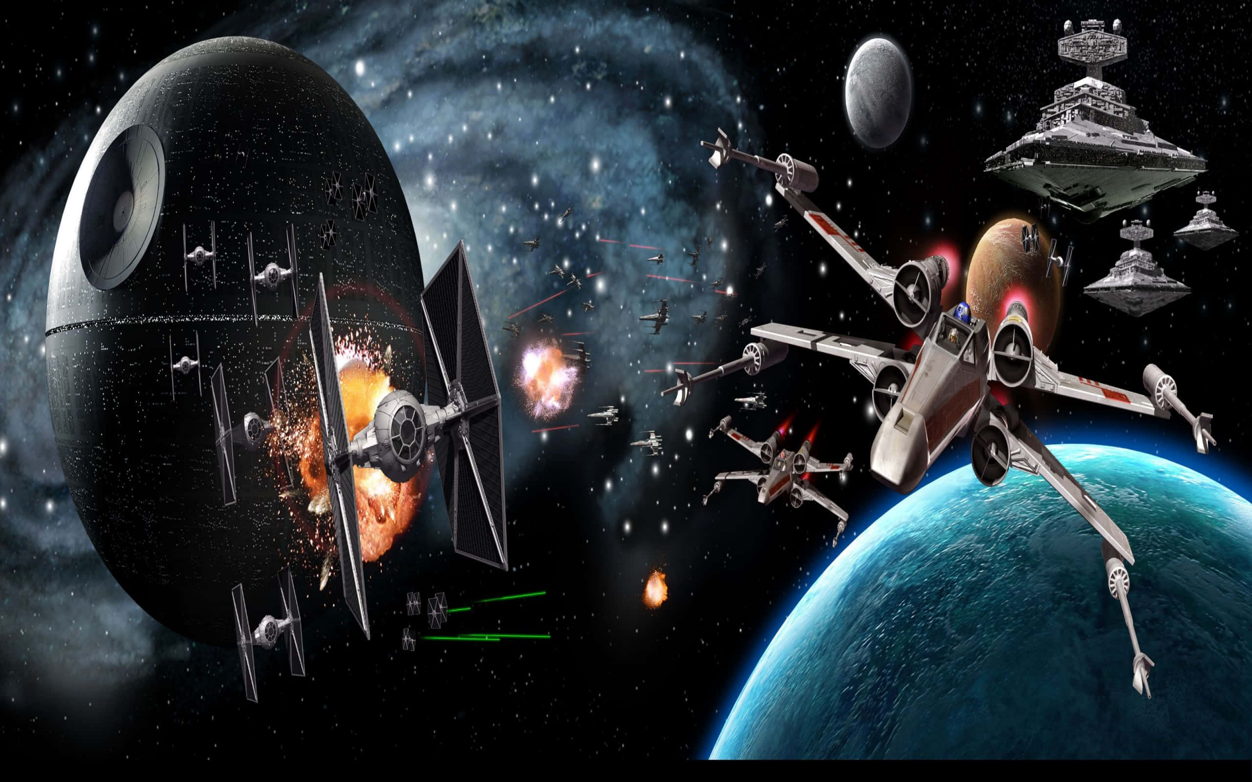 Space Battle 桌布 壁紙 — 星際戰機在行星附近戰鬥，死星在太空中爆炸。