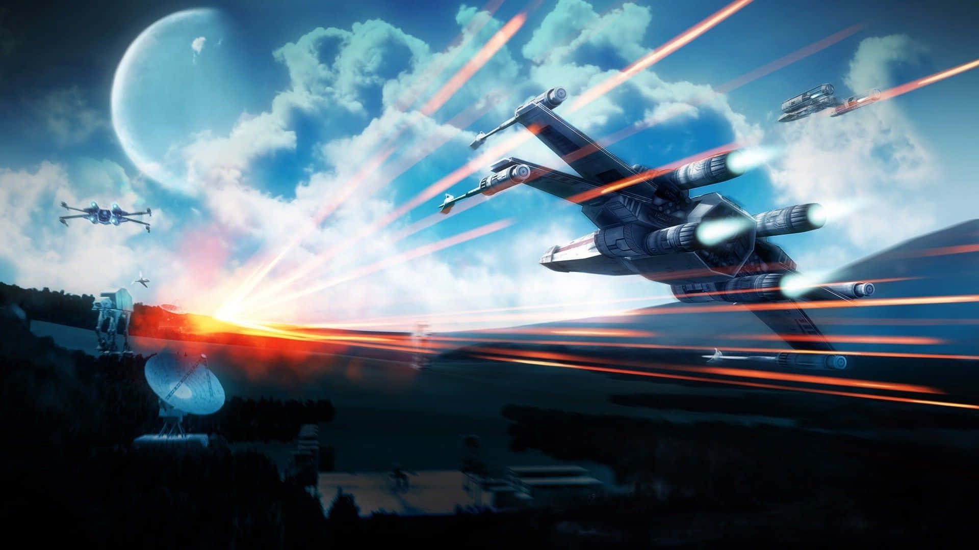 X-wing Fighter 桌布 壁紙 — 星際戰機在雲層密佈的天空中飛馳，下方是森林覆蓋的星球，背景中有一顆巨大的月亮。