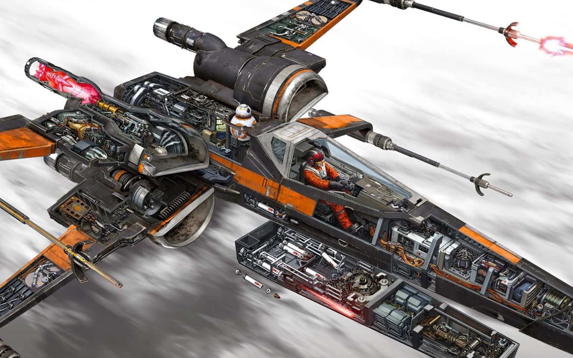 X-wing Fighter 桌布 壁紙 — 星際戰機的詳細剖面圖，飛行員和機器人穿過雲層並發射激光。