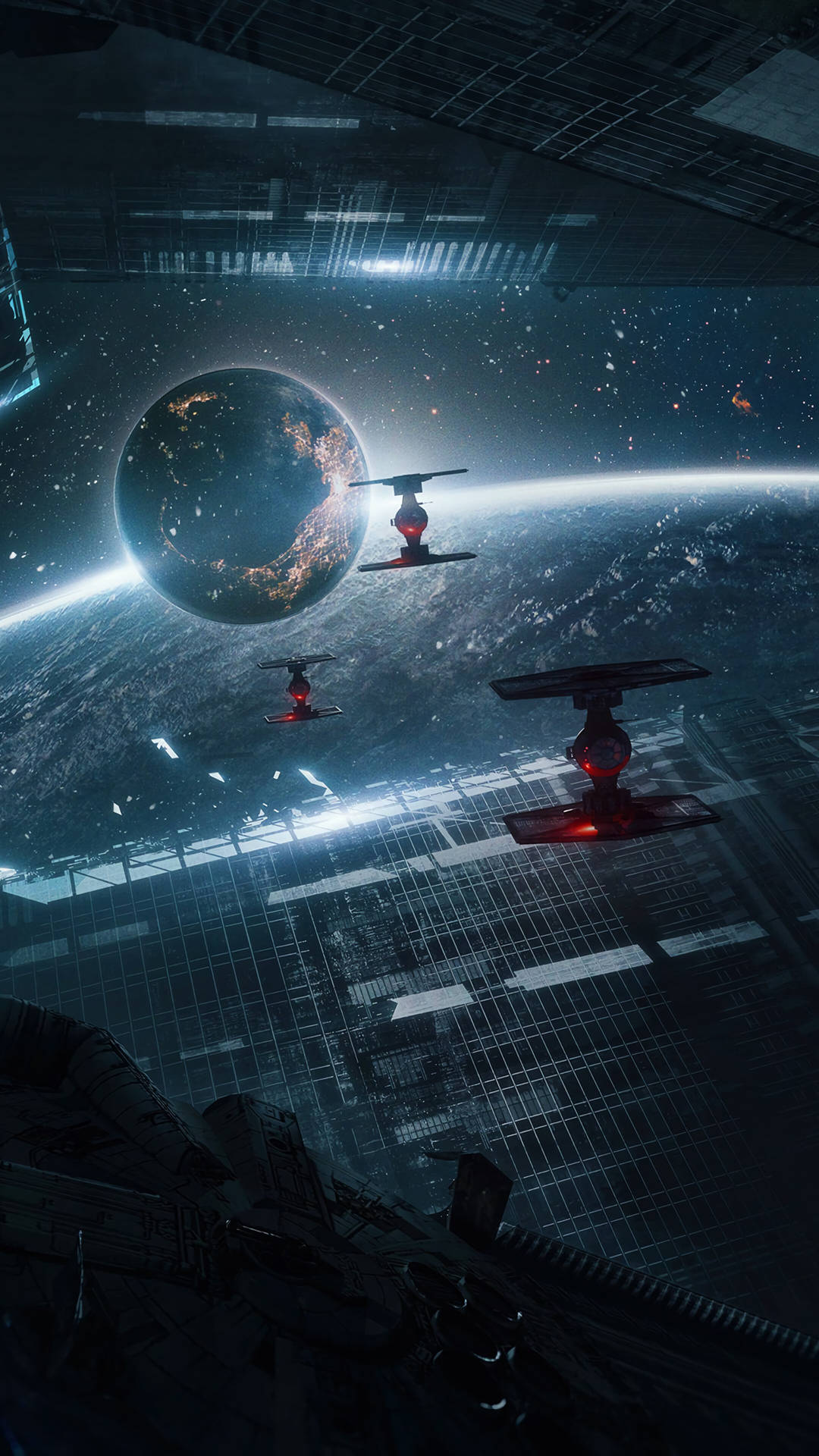 TIE 戰機在太空站內飛越行星。