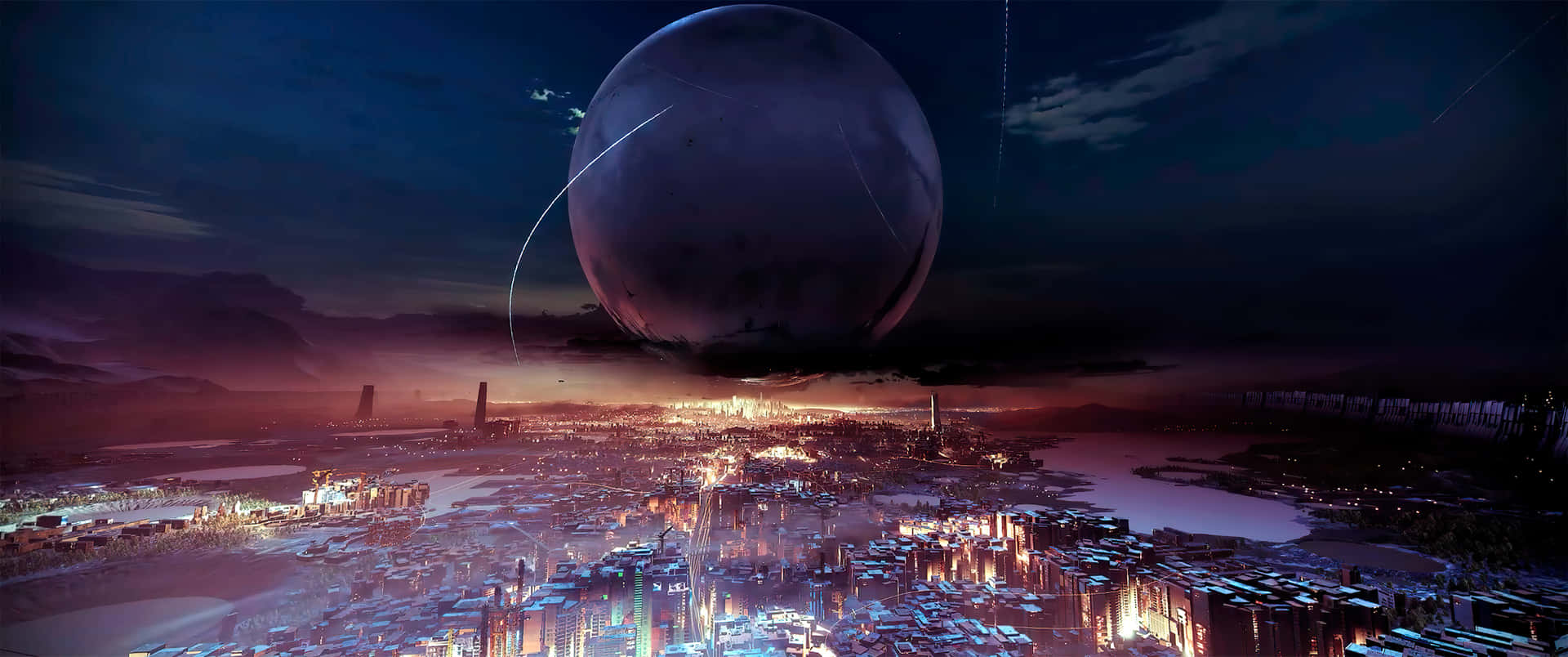 夜晚在天空中巨大行星下亮起的未來城市。 — 遊戲 壁紙