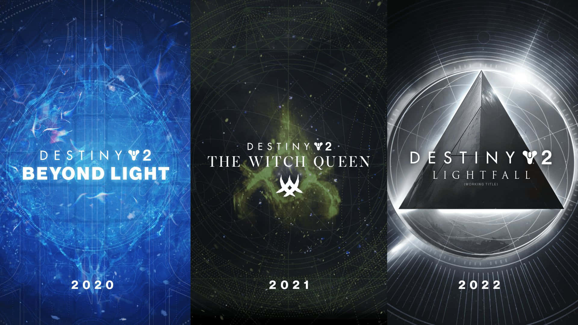 Destiny 2 擴展海報：Beyond Light、Witch Queen 和 Lightfall，帶有宇宙設計和年份。