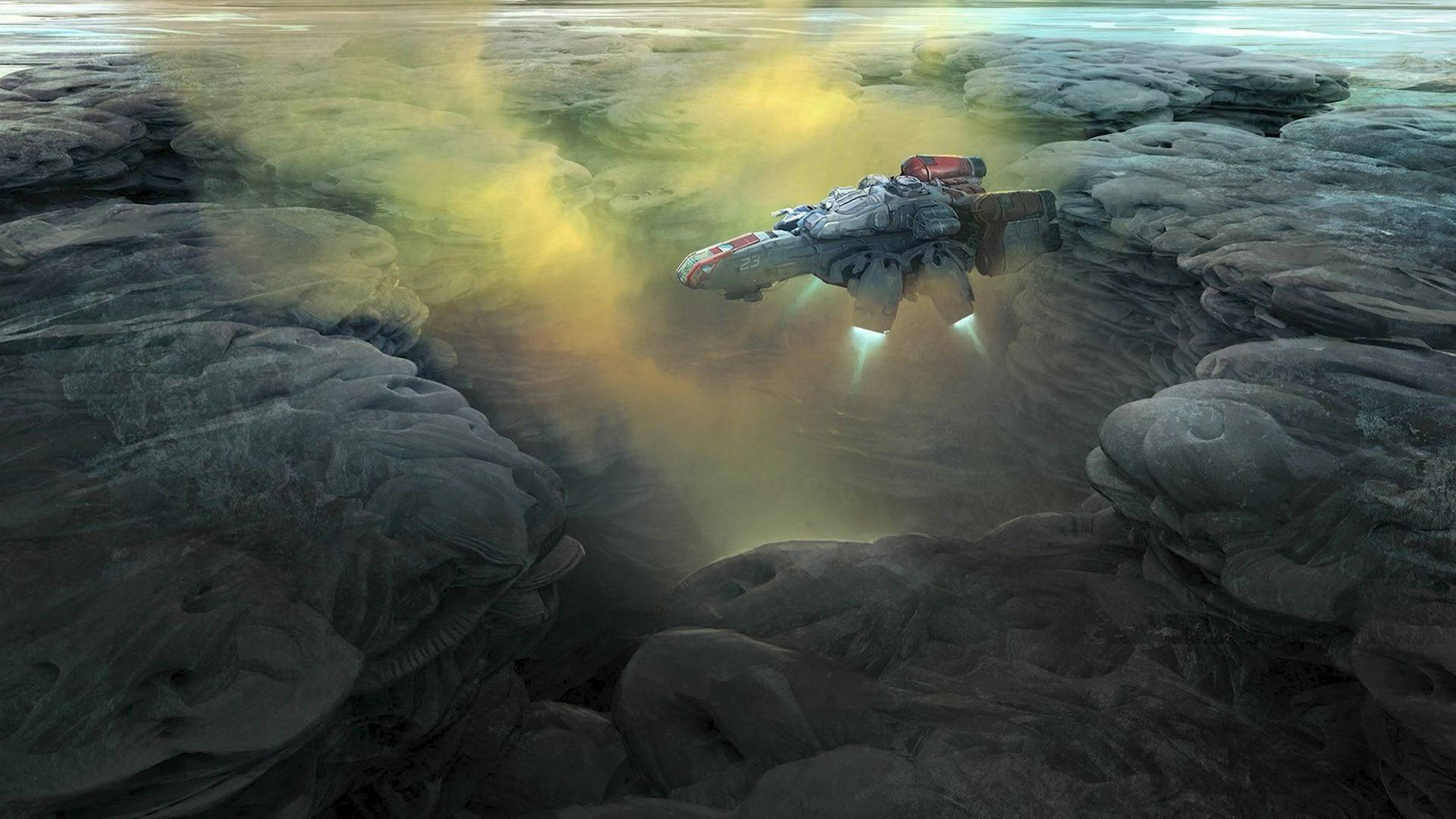 星際戰艦降落 壁紙 — 一艘未來風格的太空船在發光的黃色薄霧下，穿越由外星岩石形成的狹窄峽谷。