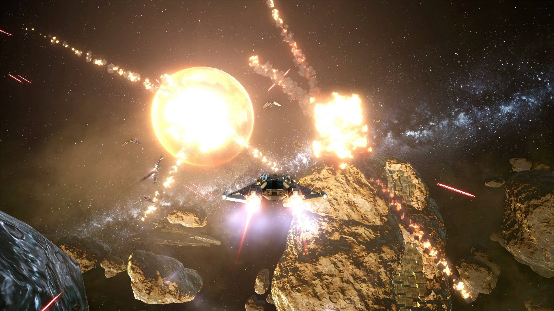 星際戰鬥機激烈對戰的電腦壁紙 壁紙 — 一艘太空船在激光射擊和飛舞的碎片中，航行於一顆發光恆星附近的熾熱小行星帶。