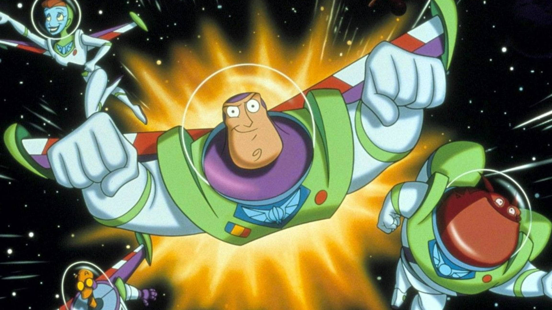 巴斯光年與外星人團隊帶著熾熱痕跡飛越太空。