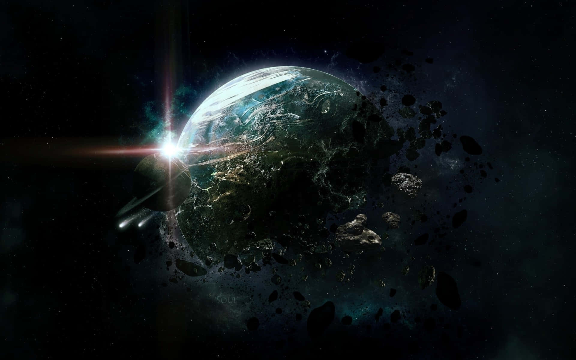 一顆破碎的行星，帶有發光的藍色海洋，周圍漂浮著太空碎片。