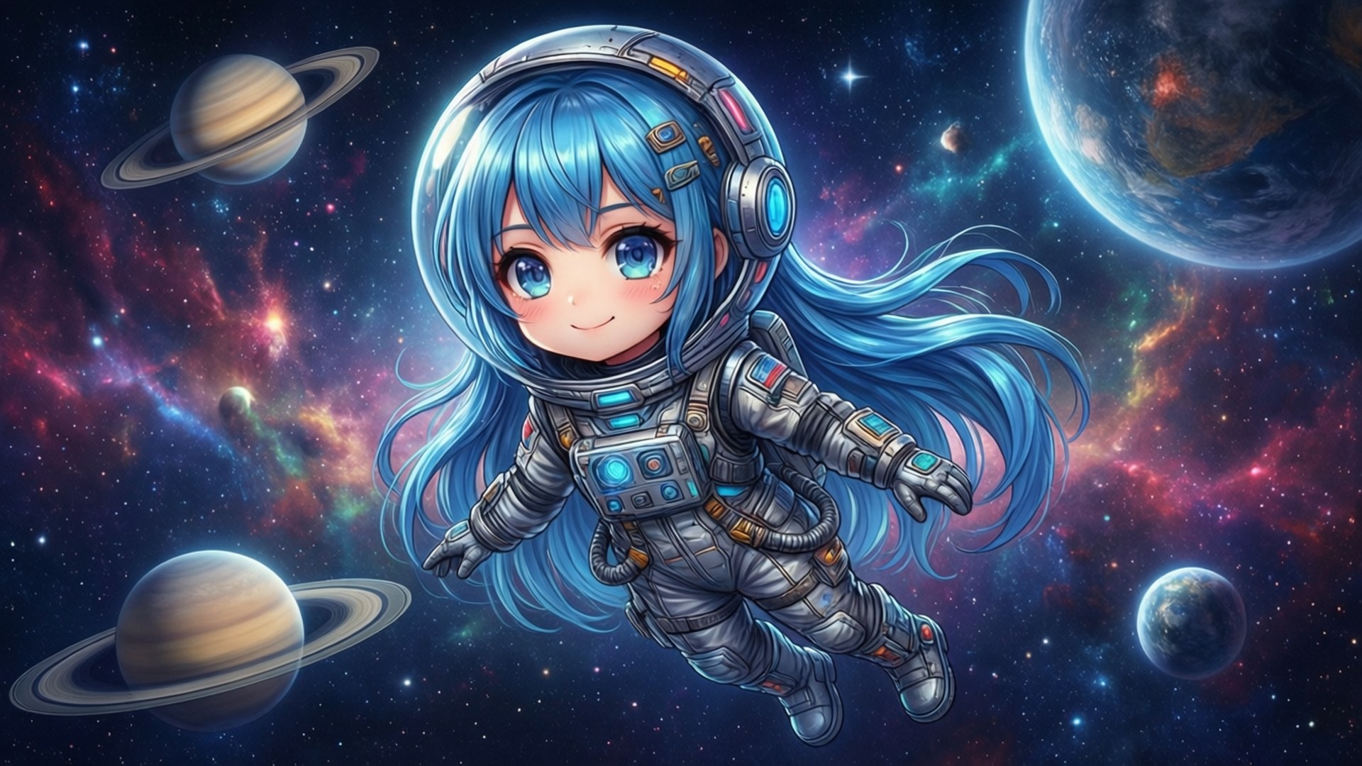 星際探險家 壁紙 — 一個開心的藍髮動漫女孩穿著詳細的太空衣漂浮在太空中，周圍是色彩繽紛的星雲和行星。