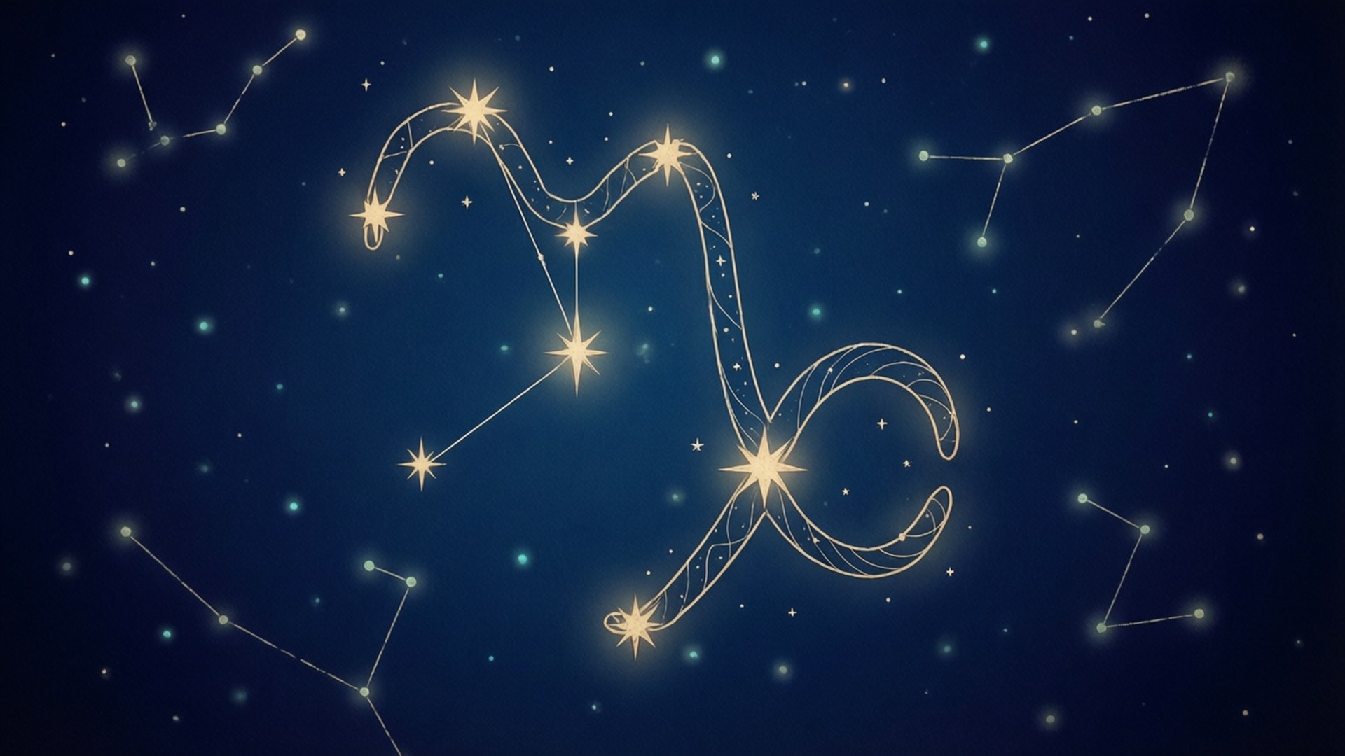 星際摩羯座 壁紙 — 一個發光的金色白羊座星座，由明亮的星星勾勒出輪廓，背景是深藍色的夜空，點綴著較小的星星。