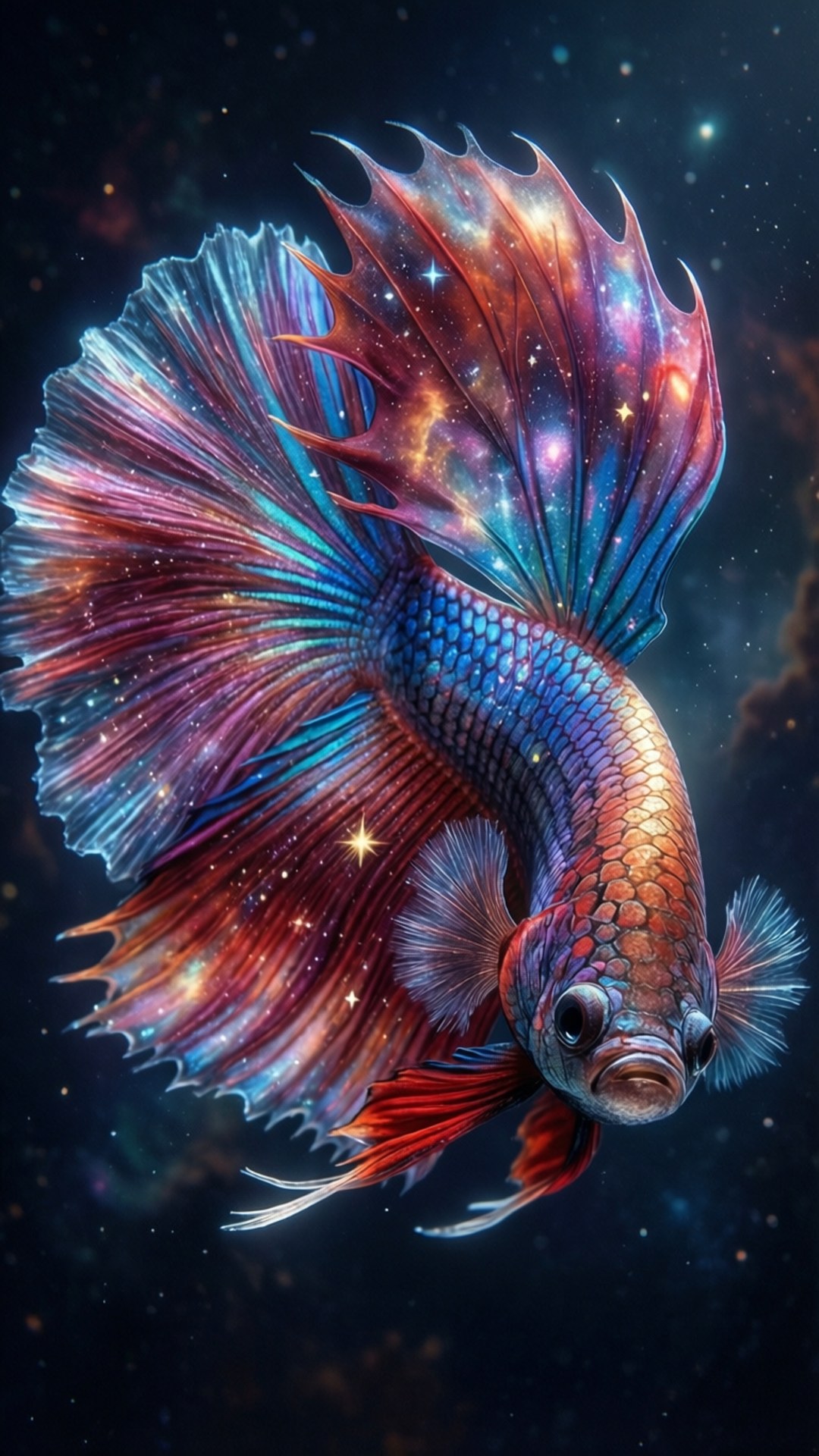 帶有銀河魚鰭的鬥魚在星空空間中游泳