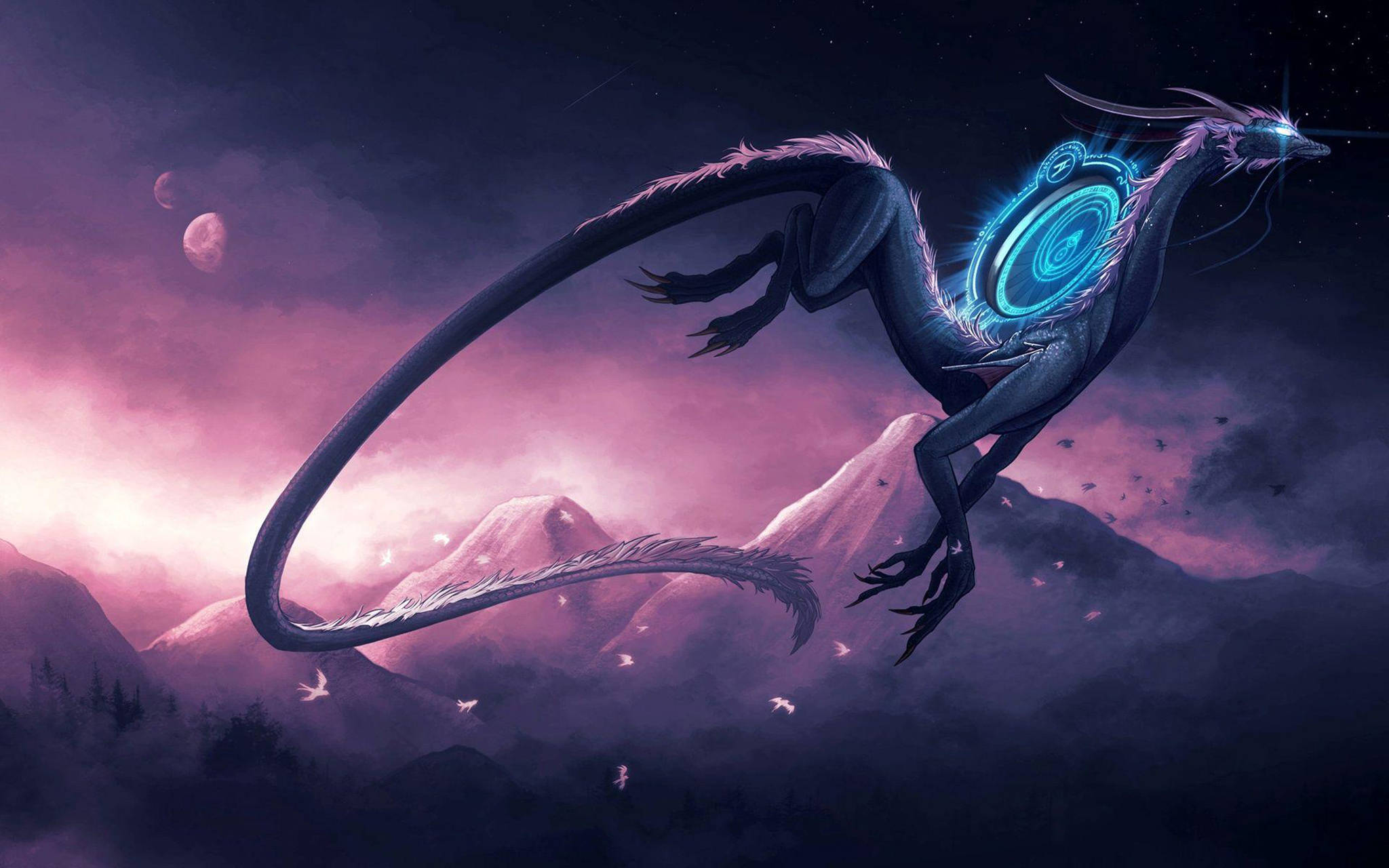 星際東方龍 壁紙 — 一條發光的藍色龍在星空下帶有月亮的紫色山脈上空翱翔。