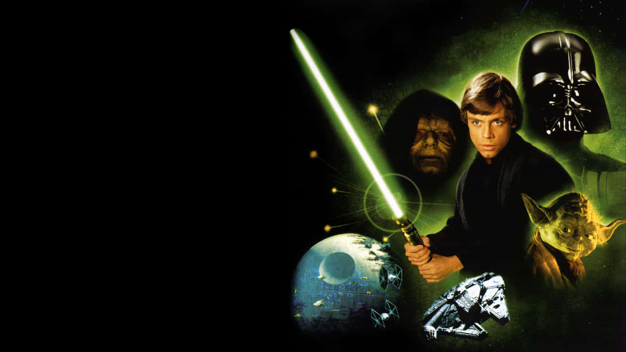 星戰角色包括 Luke Skywalker、Darth Vader 和 Yoda，以及綠色光劍和死星。