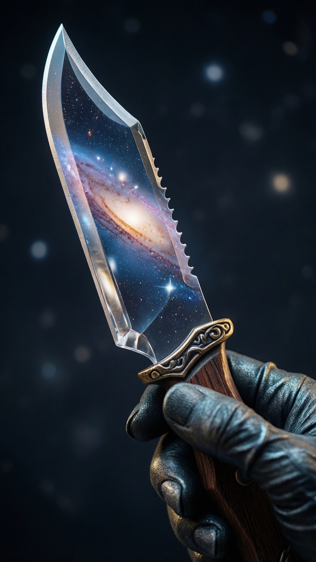 手拿著一把刀，刀鋒嵌有星系，背景是星空。