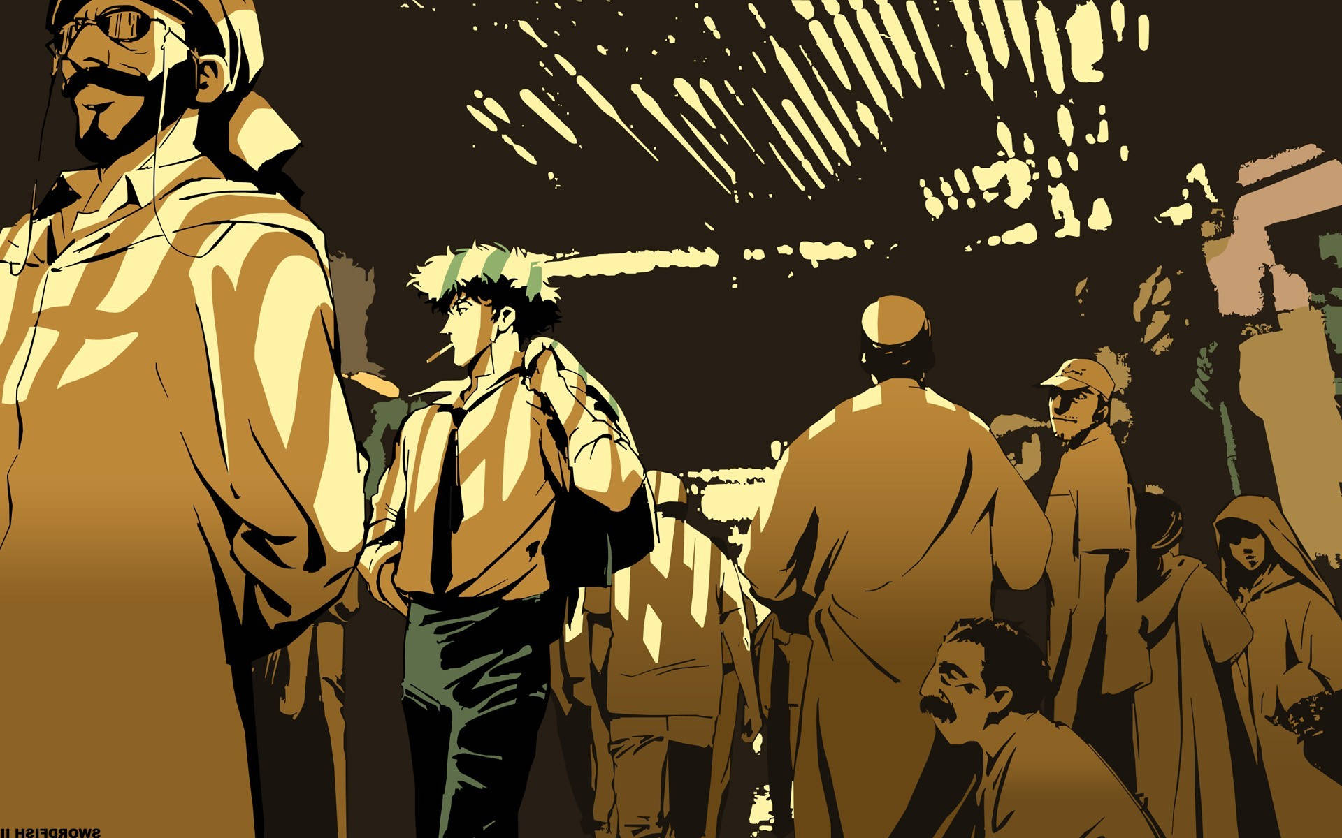 《星際牛仔》_spiegel_街頭漫步桌面壁紙 壁紙 — 一幅風格化的插圖，描繪了在戲劇性金色燈光下，擁擠城市環境中的多元人群。