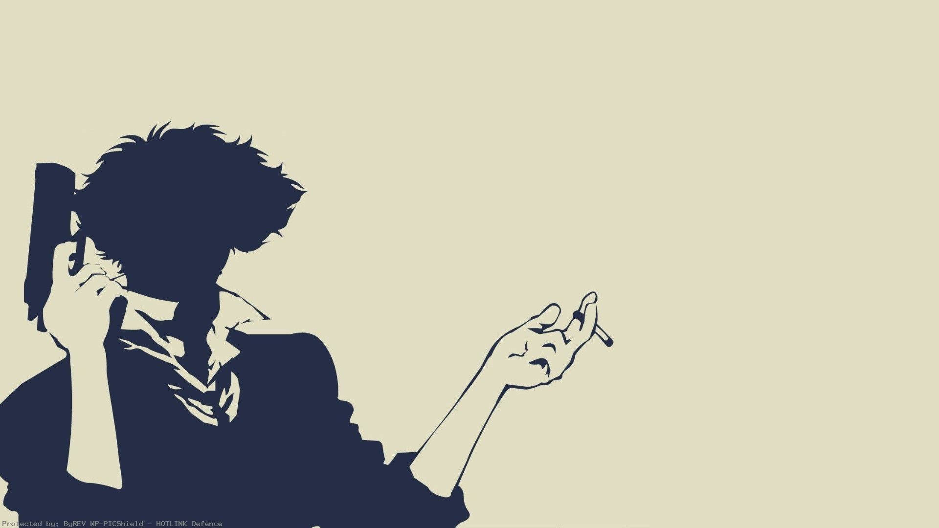 《星際牛仔》_spike_spiegel_桌面壁紙 壁紙 — 一個風格化的剪影，一個男人將電話放在耳邊，另一隻手拿著香煙，背景是米色。