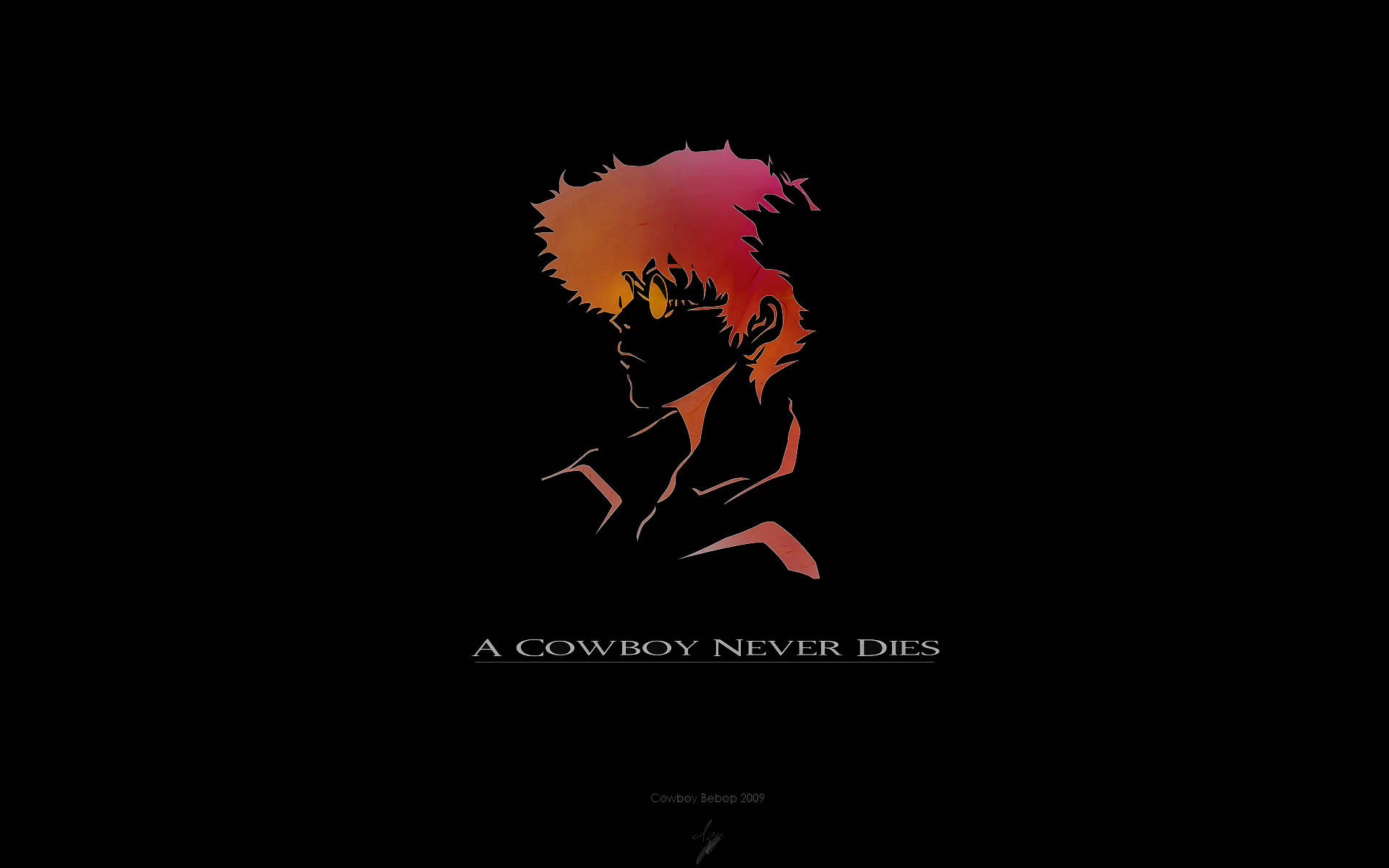 《星際牛仔》_spike_spiegel_剪影桌面壁紙 壁紙 — 黑色背景上，一個擁有火橙色和紅色頭髮的牛仔剪影，帶有文字「A Cowboy Never Dies」。