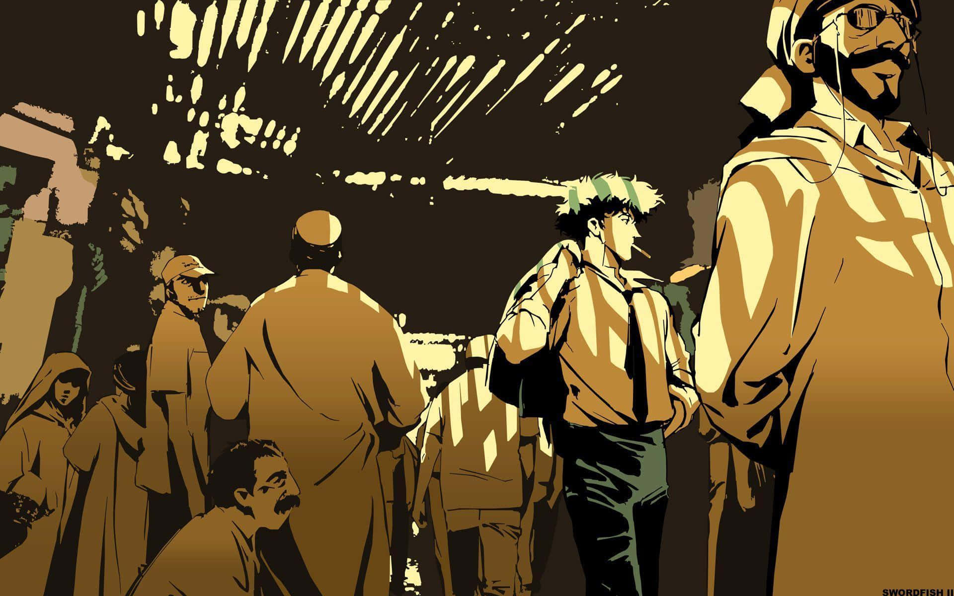 動漫風格的人群，具有戲劇性的燈光和大膽的黃棕色調。