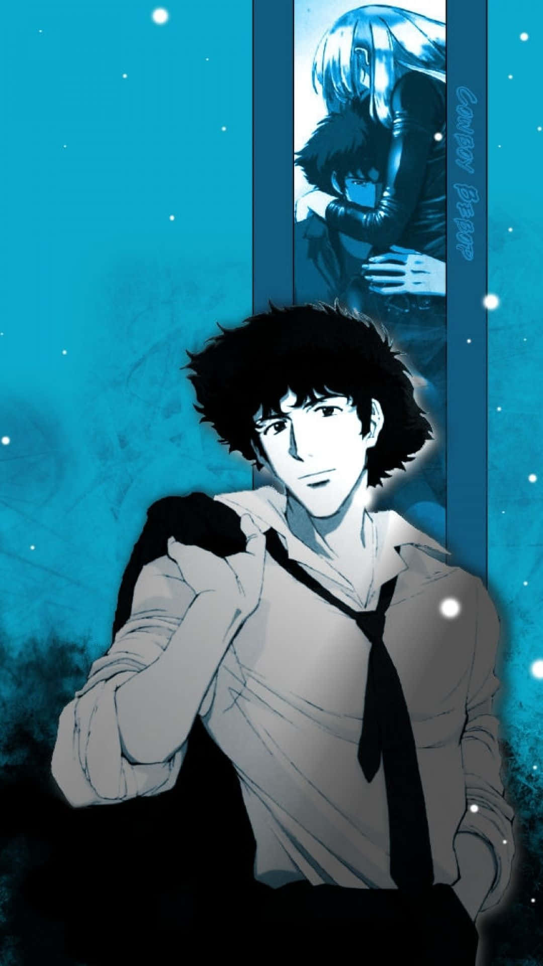 穿著白襯衫打領帶的動漫男子，在藍綠色星空背景前拿著外套，身後有幽靈般的身影。