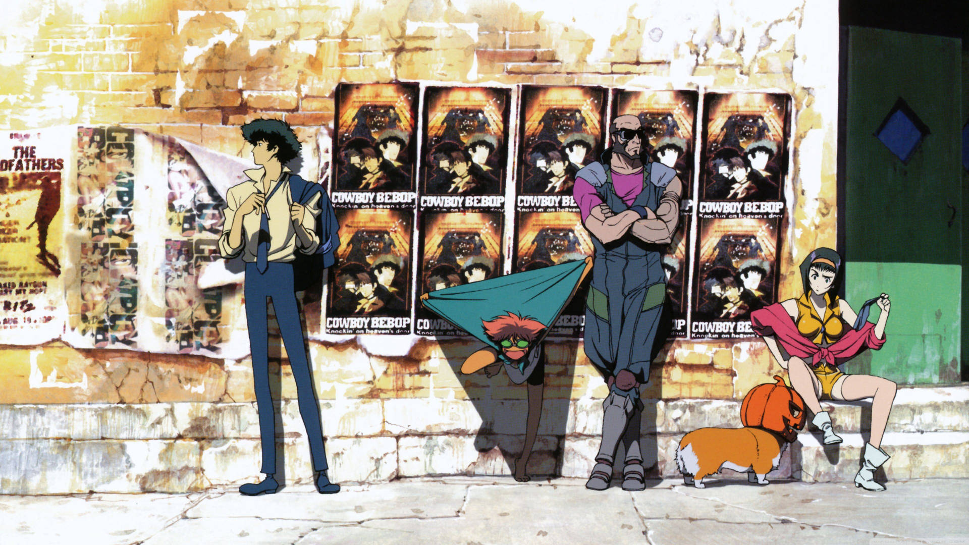Cowboy Bebop 角色靠在一張有海報的磚牆上。