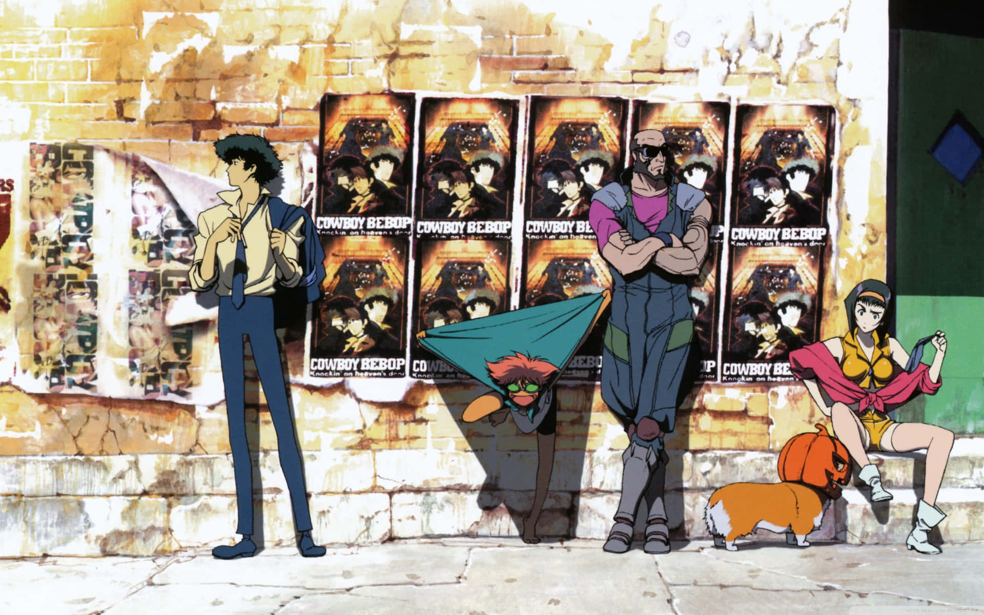 Cowboy Bebop 角色在磚牆前擺姿勢，附近有海報和一隻狗。