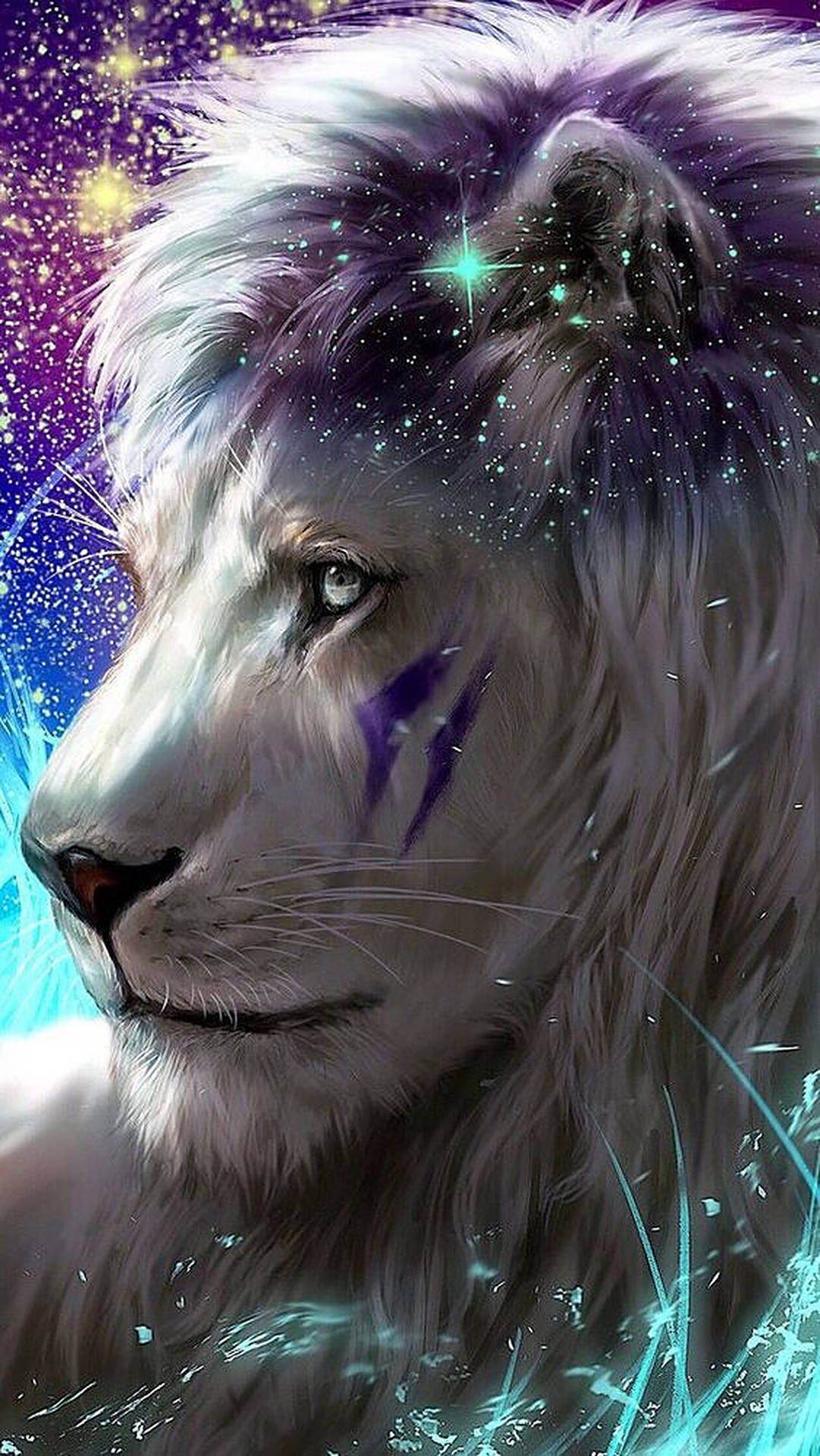 一頭白獅，帶有星塵鬃毛，背景為宇宙。 — 銀河獅子 壁紙
