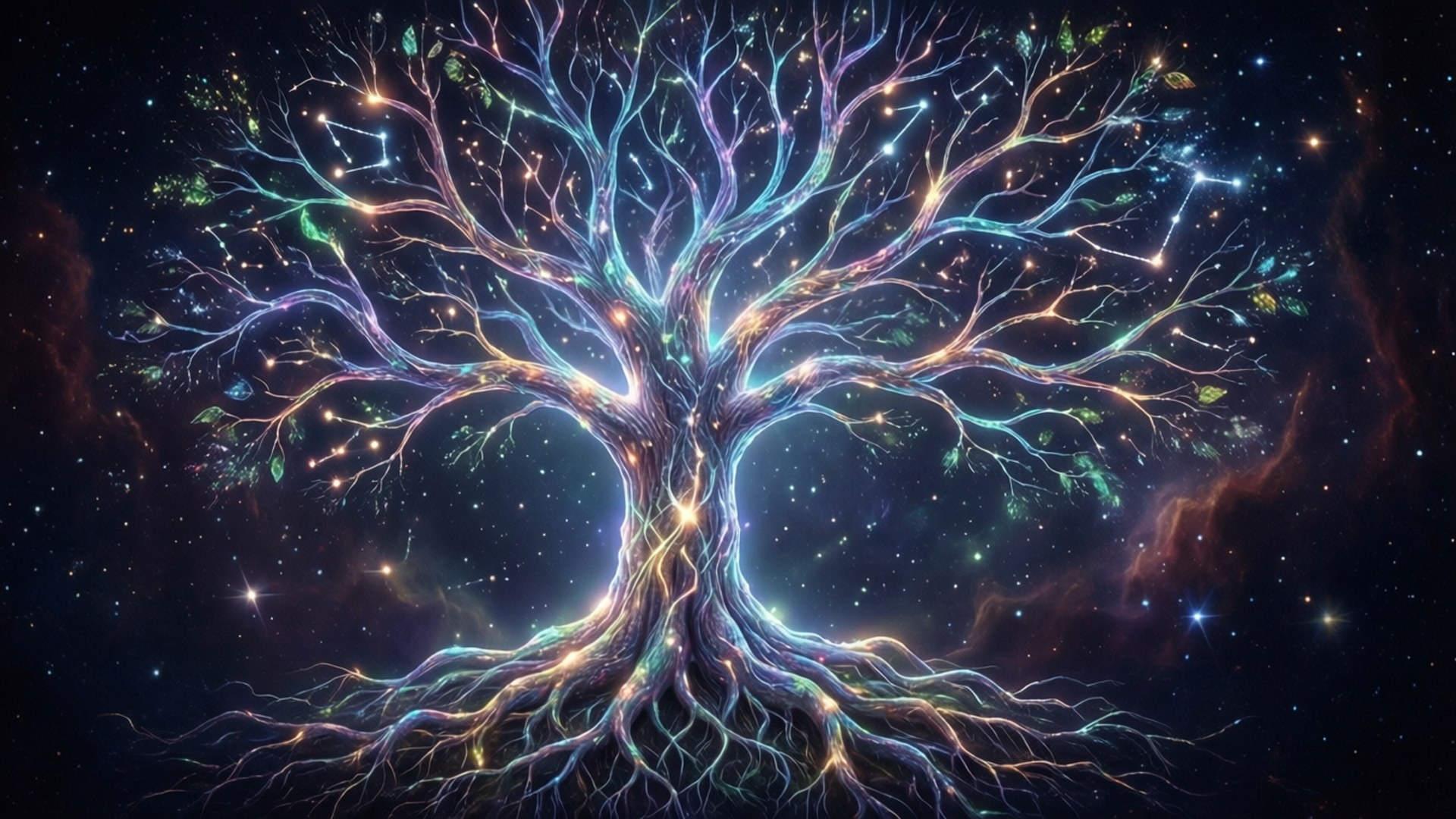 星際生命之樹 壁紙 — 一棵發光的宇宙樹，帶有發光的樹枝和樹根，橫跨星雲，樹葉閃爍著天體的光芒。