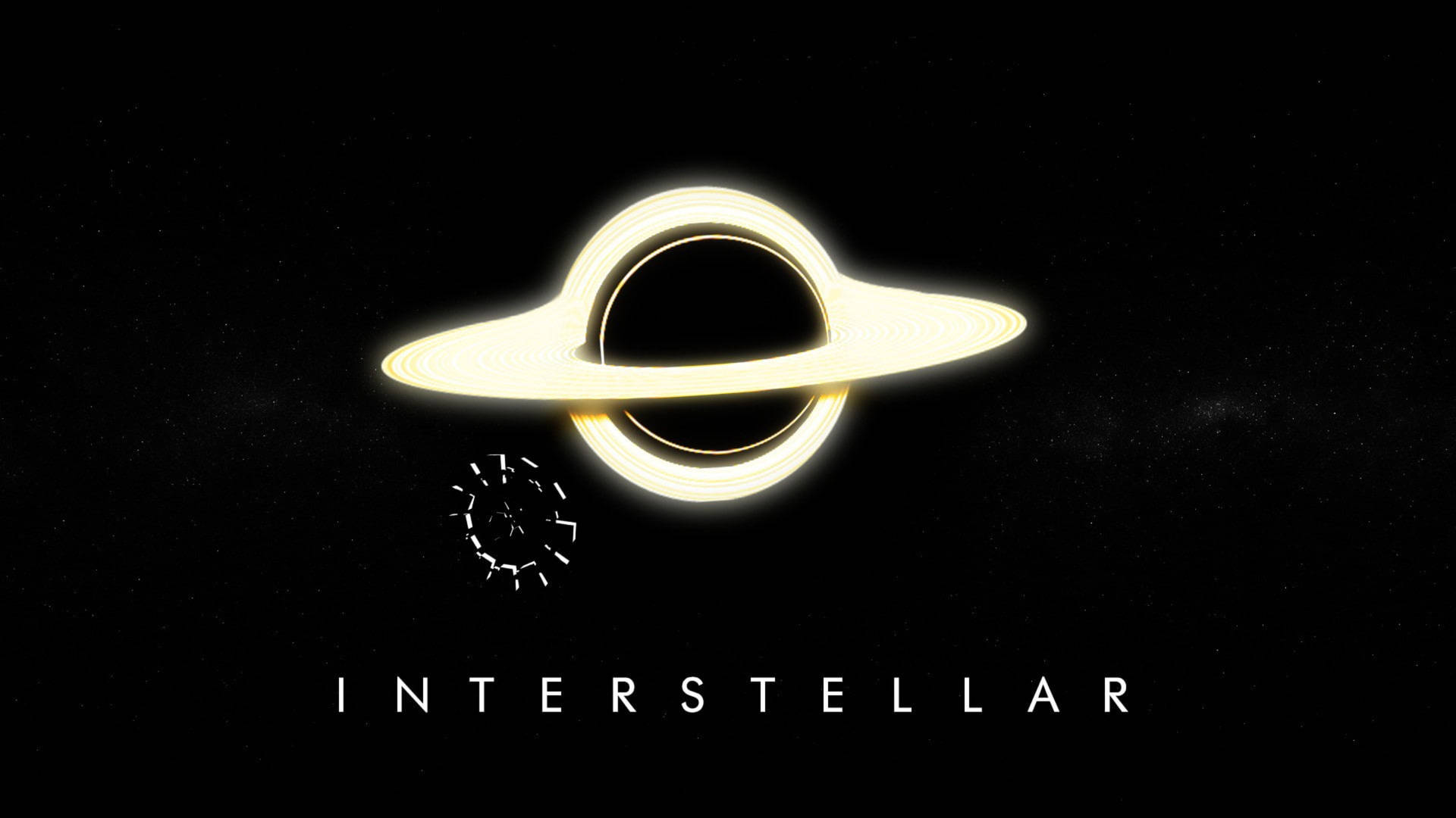 太空中帶有發光環的黑洞及 INTERSTELLAR 文字。