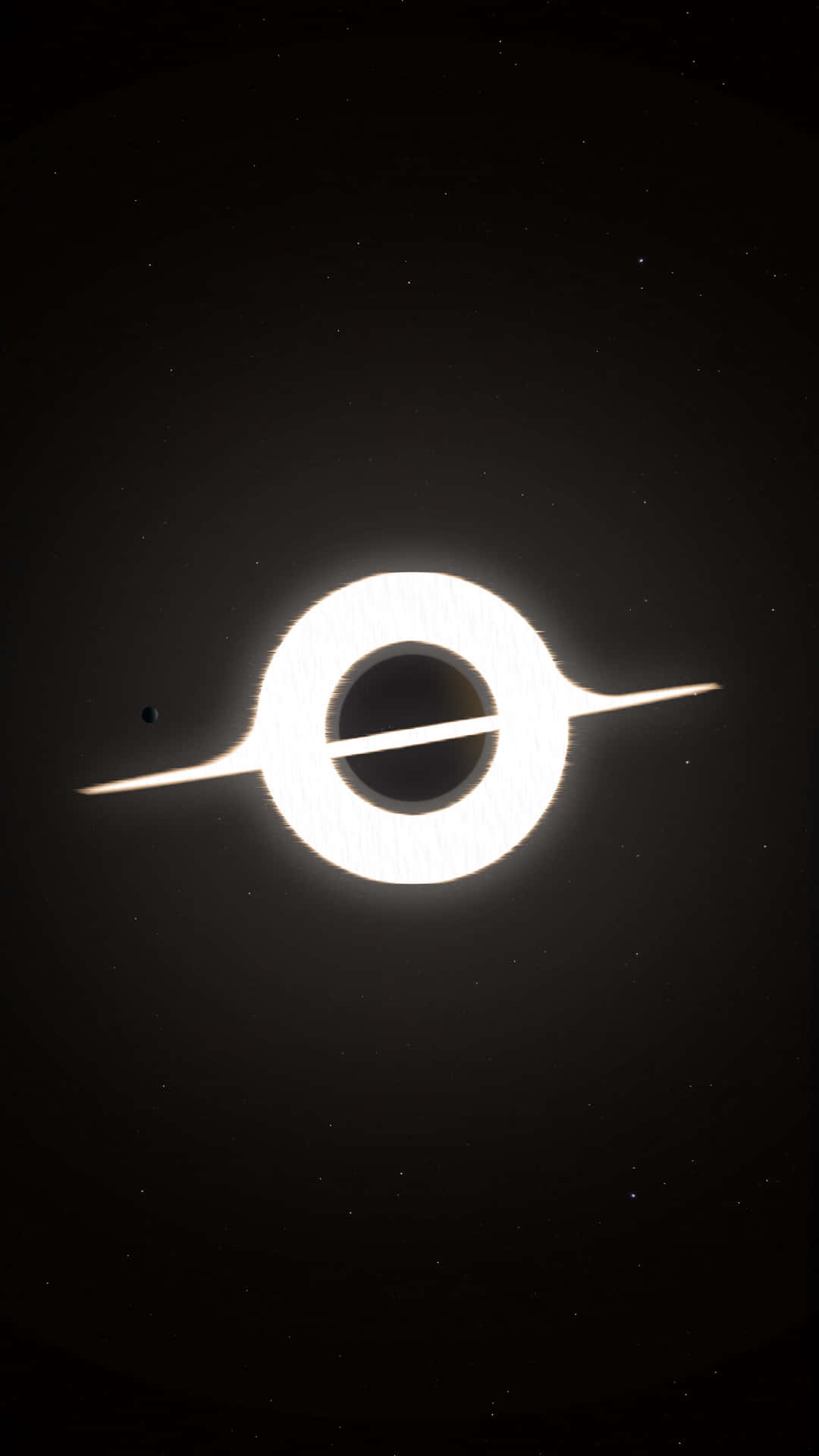 帶有發光吸積盤的黑洞和星空中遙遠的行星。